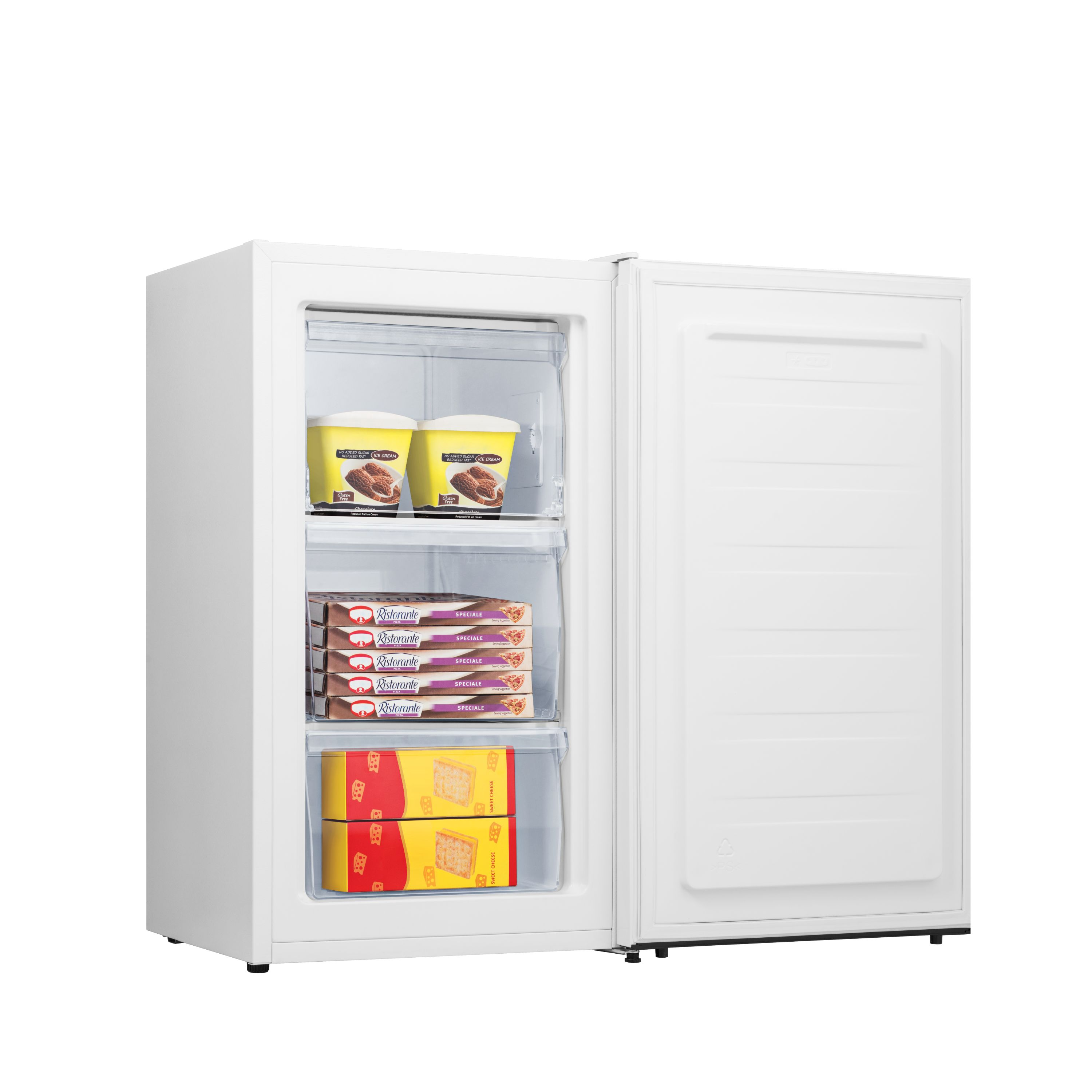Weißer Mini-Kühlschrank mit offener Tür. Innen Eiscreme und Tiefkühlkost.