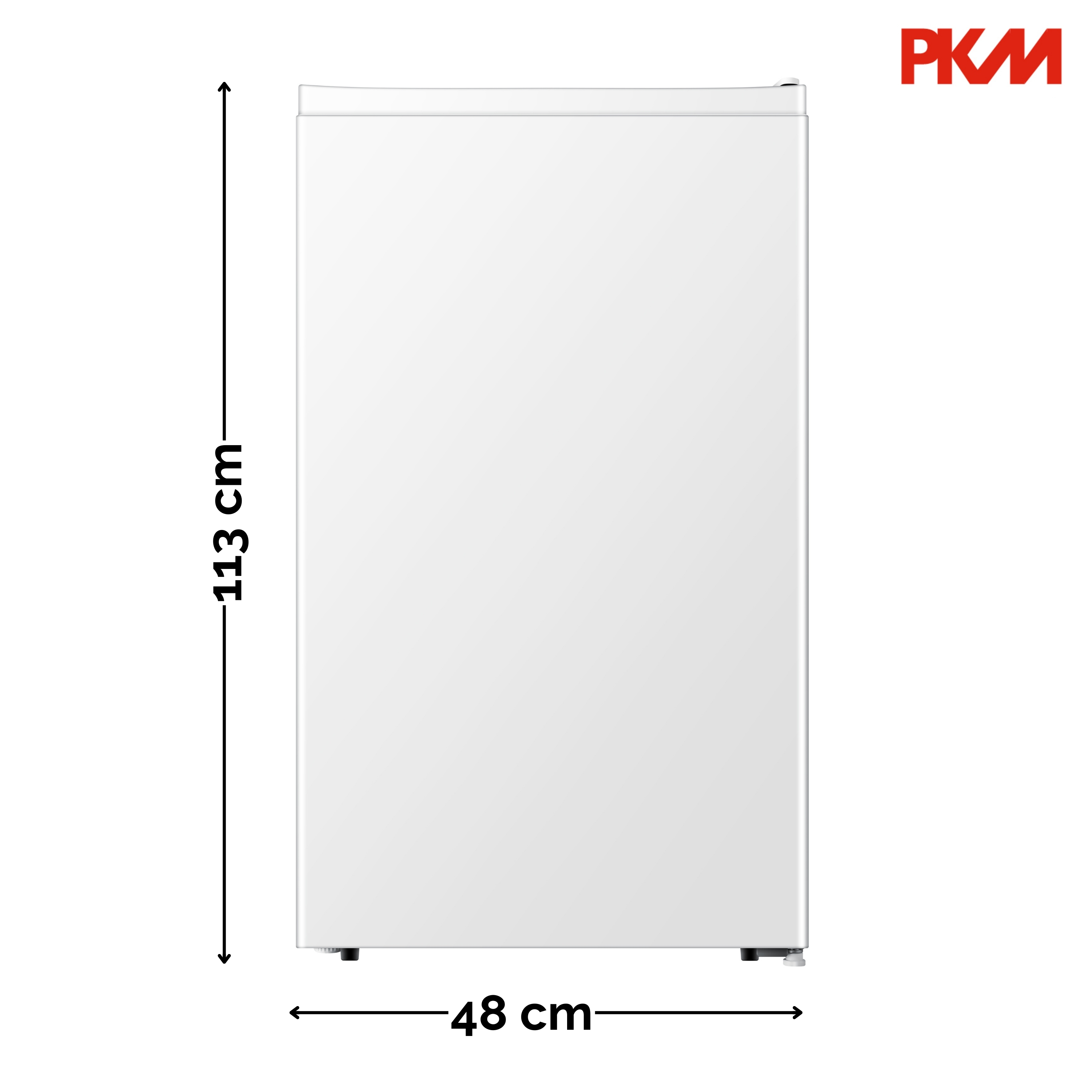 Weißer Kühlschrank, Maße 113 cm x 48 cm, auf weißem Hintergrund.