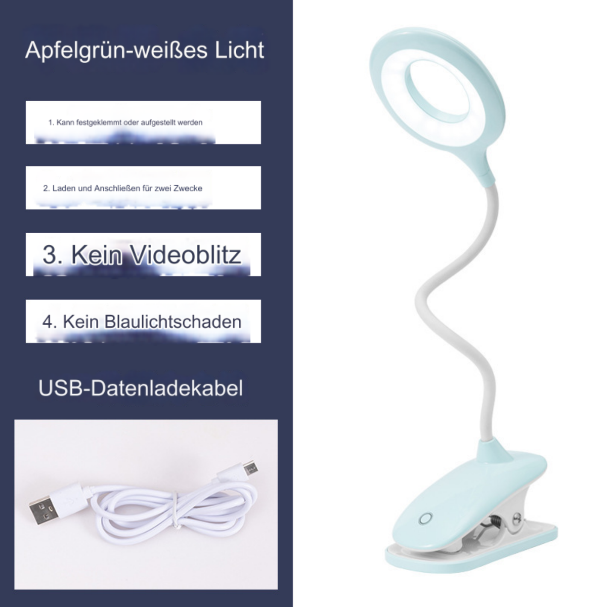 Eine flexible, hellblaue Schreibtischlampe mit Clip und USB-Ladegerät, auf weißem Hintergrund.