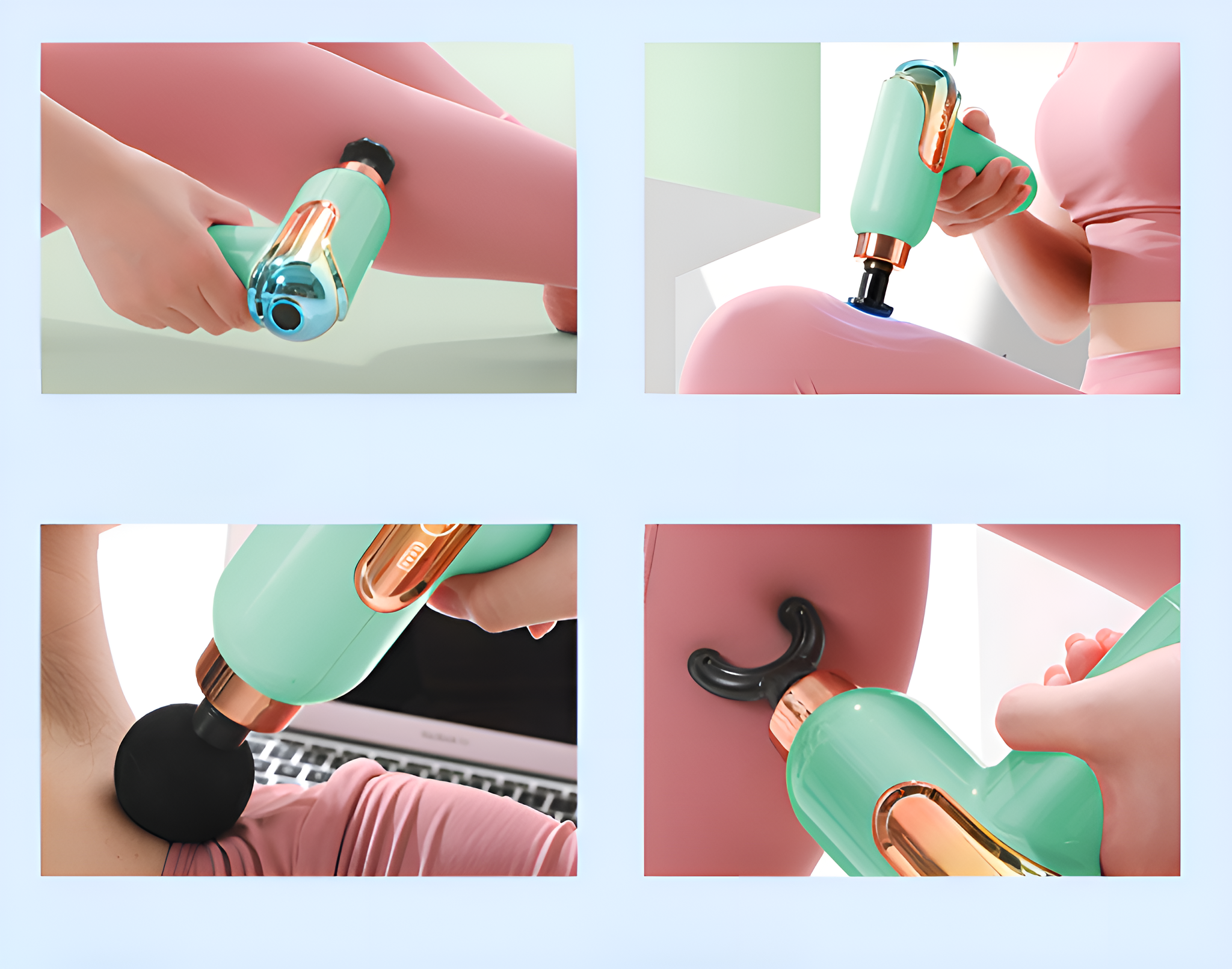Vier Bilder zeigen eine mintgrüne Massagepistole an Beinen, Knie, Achsel. Person benutzt sie.