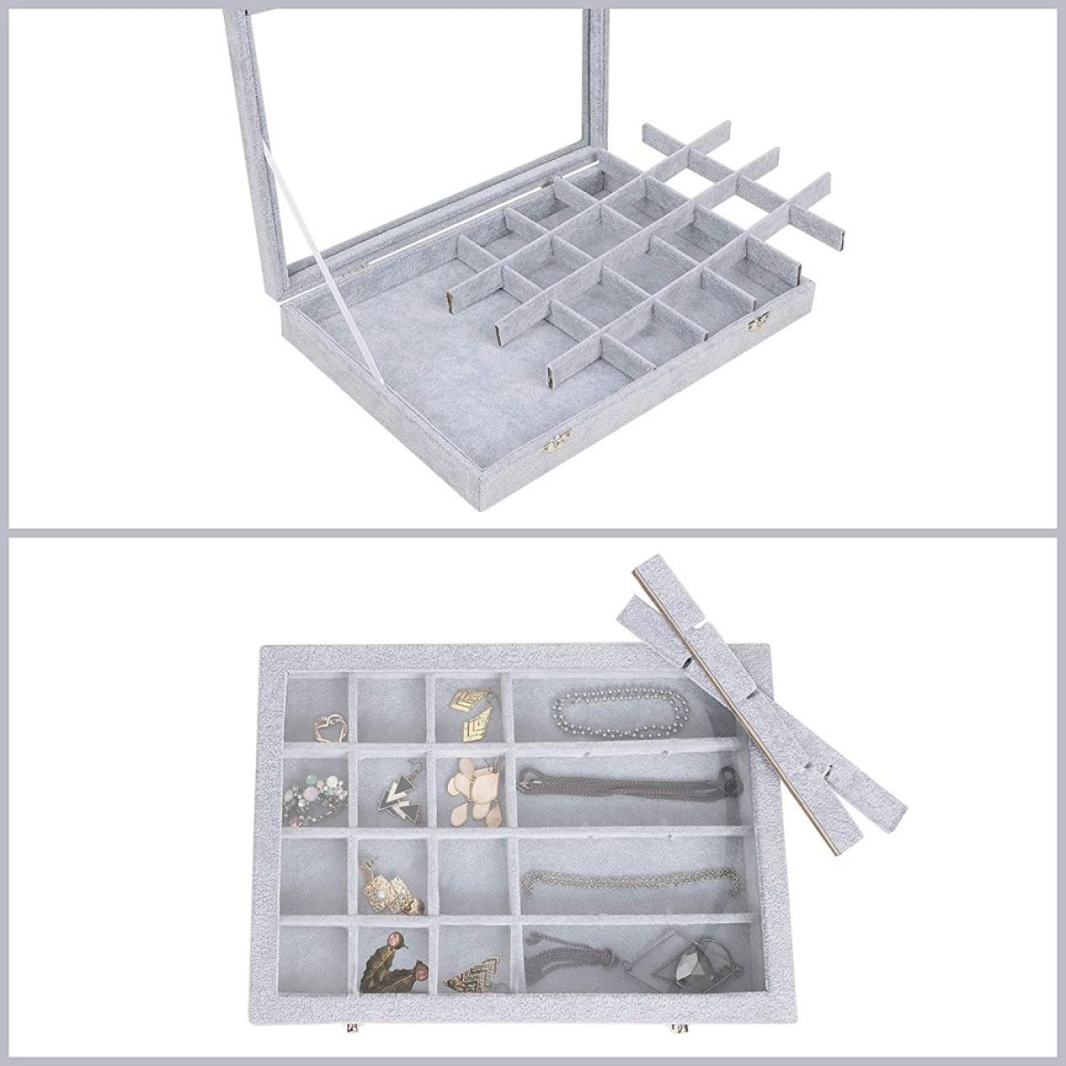 Zwei Ansichten einer Schmuckschatulle. Die obere Ansicht zeigt eine geschlossene Box, die untere zeigt das Innere mit Schmuck.