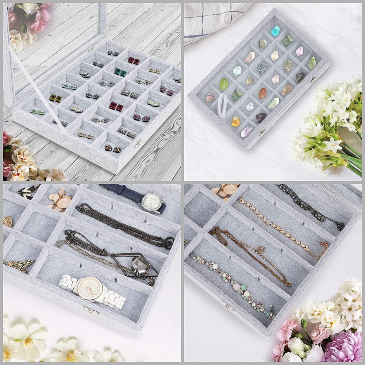 Vier Bilder, die Schmuckdisplays zeigen. Ohrringe, Halsketten, Armbänder und anderer Schmuck sind.