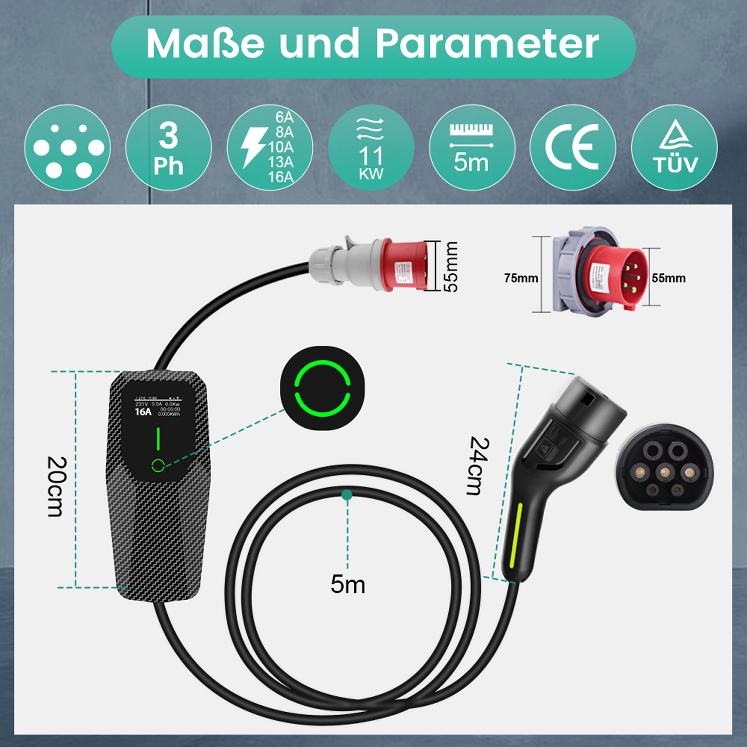 Elektrofahrzeug-Ladegerät mit Spezifikationen und Abmessungen. Mit Ladekabel.