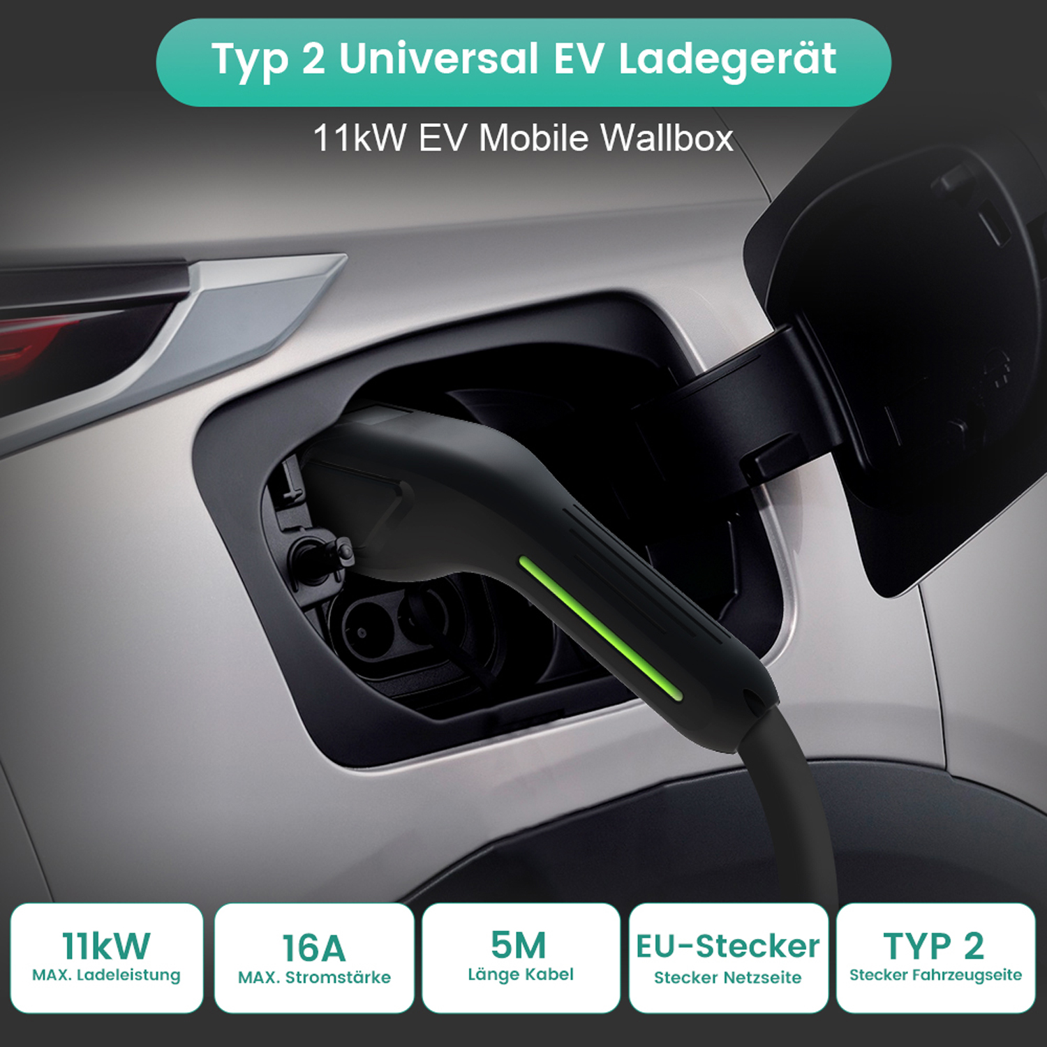 EV-Ladeanschluss mit Ladekabel. Text-Overlay: Typ 2, 11 kW, 16 A, 5 m Kabel, EU-Stecker, Typ 2-Ladegerät.