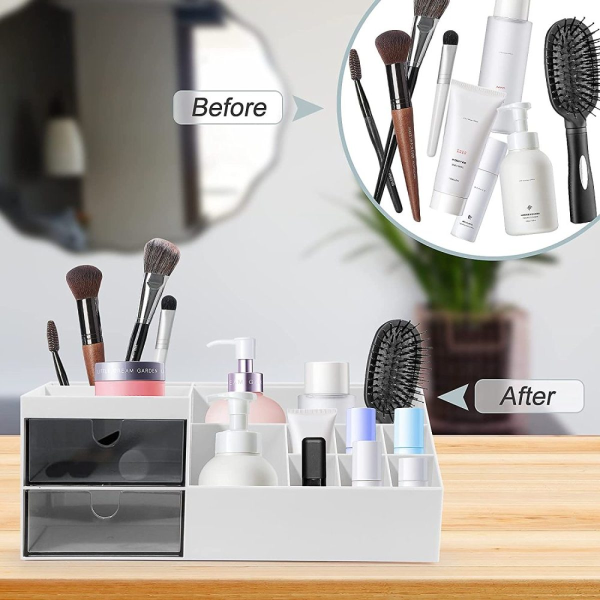 Ein Kosmetik-Organizer mit Make-up-Tools und -Produkten. Er zeigt die Vorher-/Nachher-Anordnung mit einem weißen und grauen Behälter.