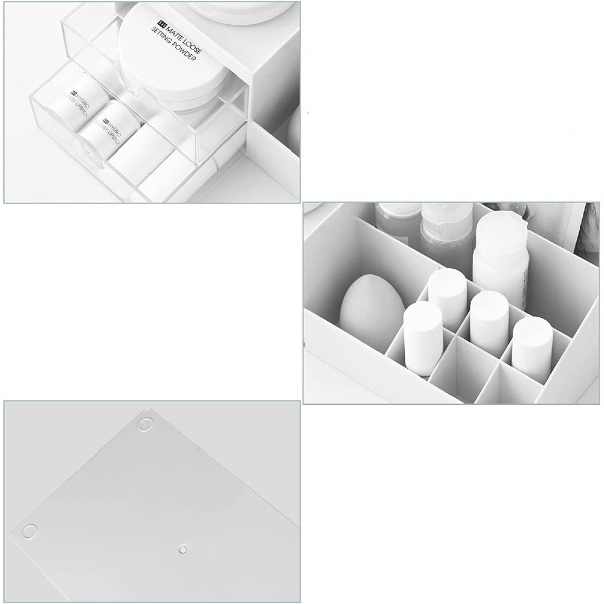 Nahaufnahme eines weißen Make-up-Organizers mit Schubladen und Fächern voller Kosmetika.