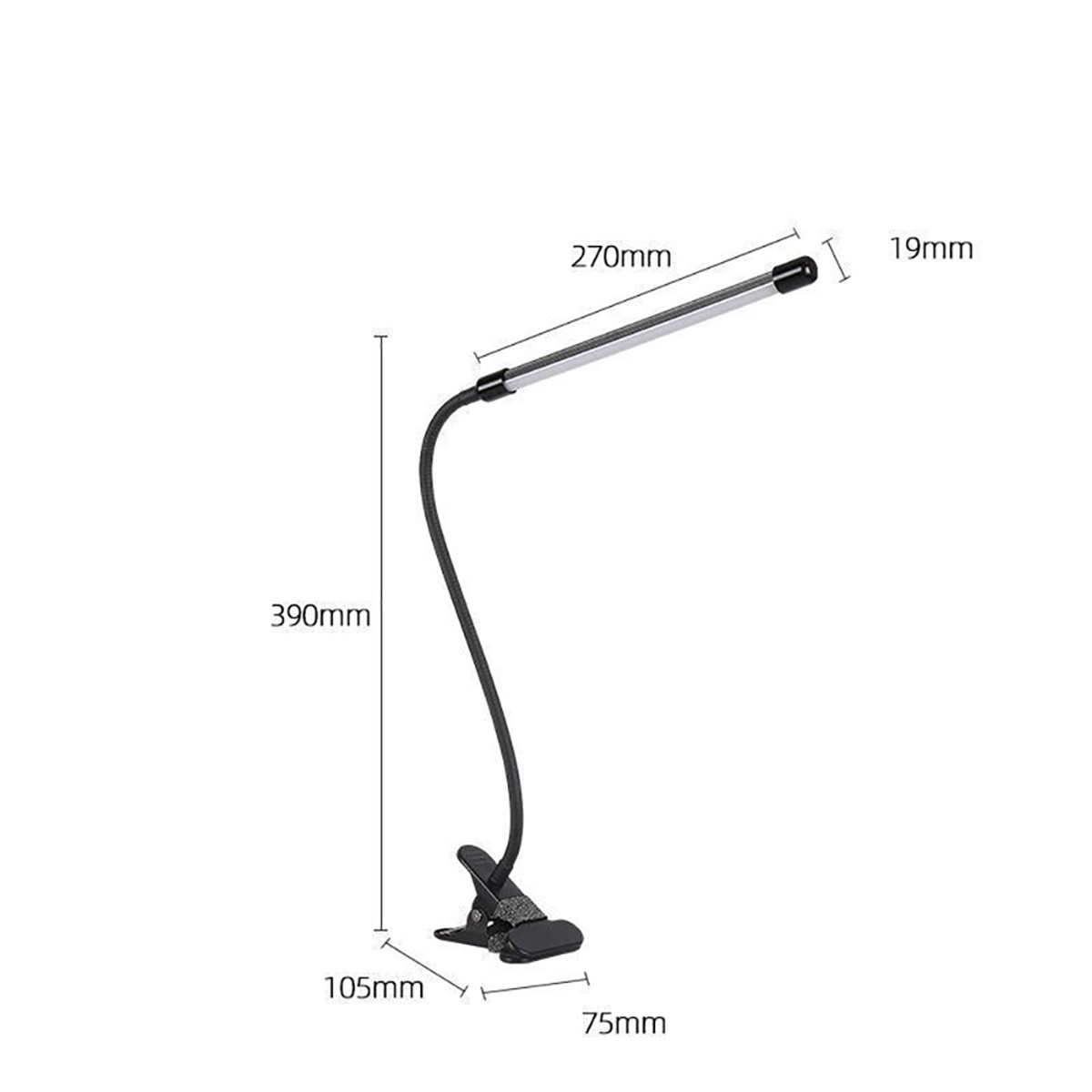 Schwarze Schreibtischlampe. Flexibler Hals und Klemmfuß. Abmessungen sind sichtbar. Weißer Hintergrund.