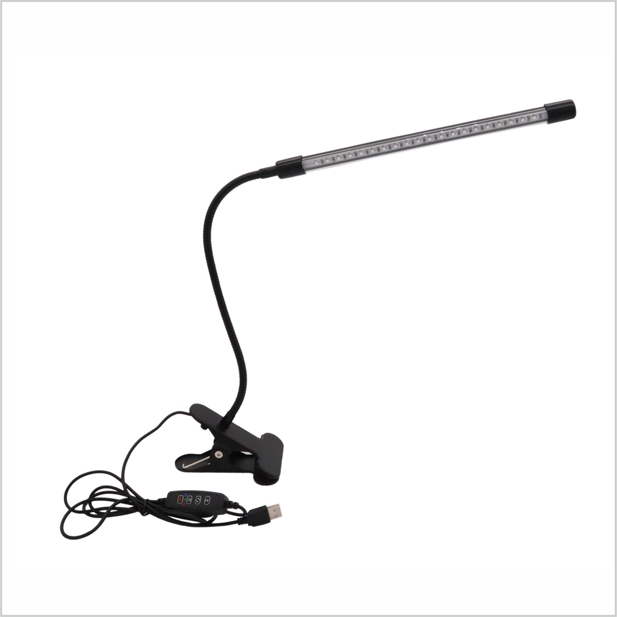 Klemmschreibtischlampe mit flexiblem Hals und USB-Kabel. Text: '0000' auf der Kabelsteuerung.
