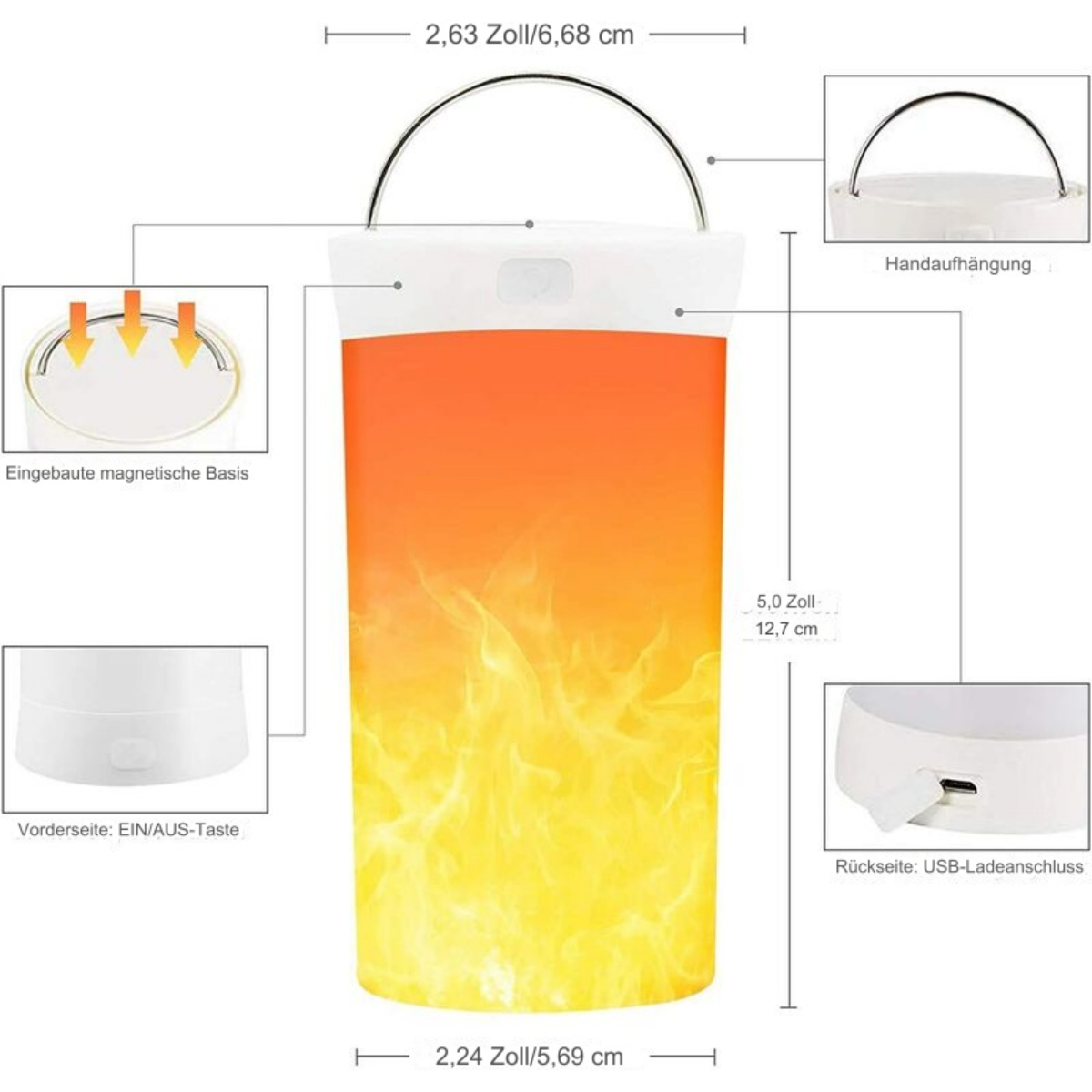 Orangefarbenes Leuchten mit Maßen. Das Licht hat einen Griff. Ein USB-Ladeanschluss auf der Rückseite.