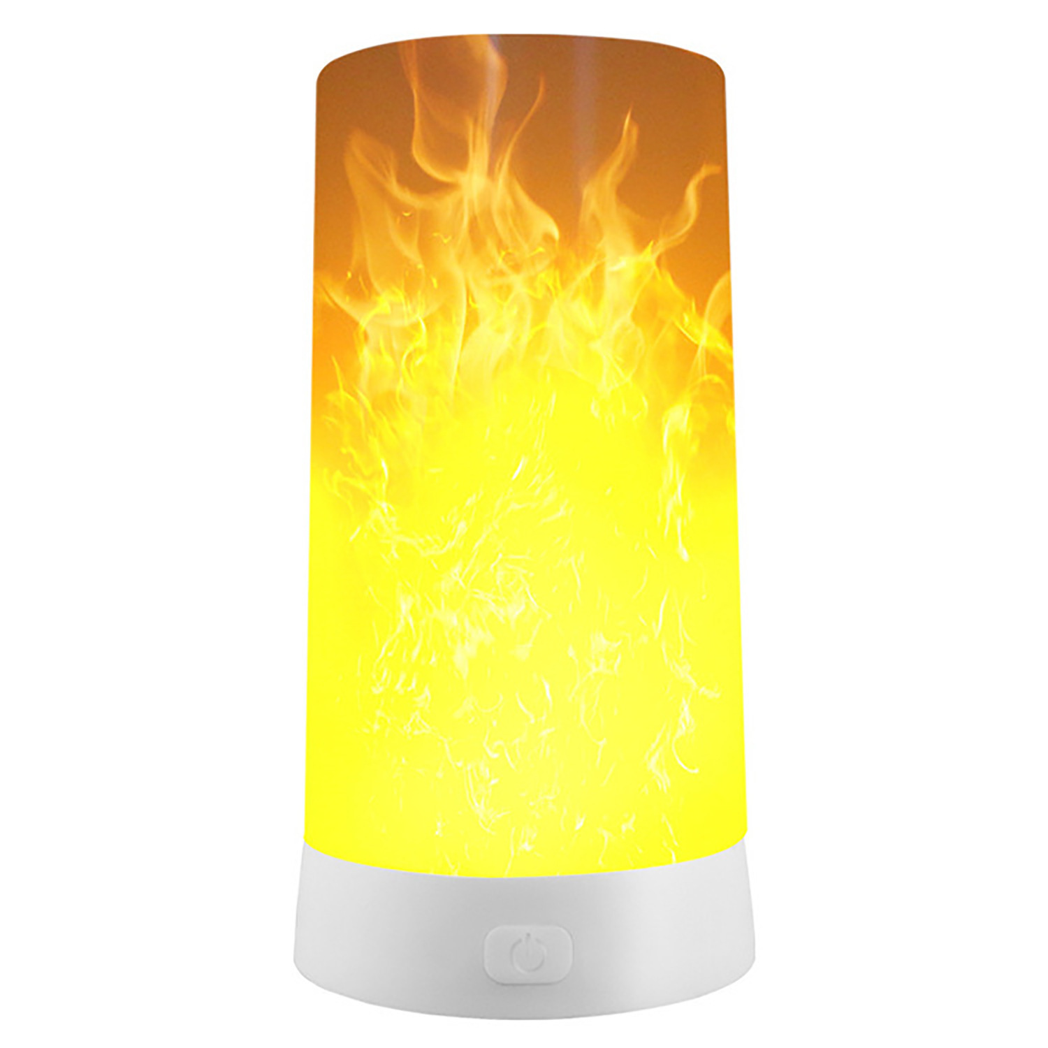 Eine Flammeneffektlampe mit weißem Sockel, die einen simulierten Feuereffekt zeigt.