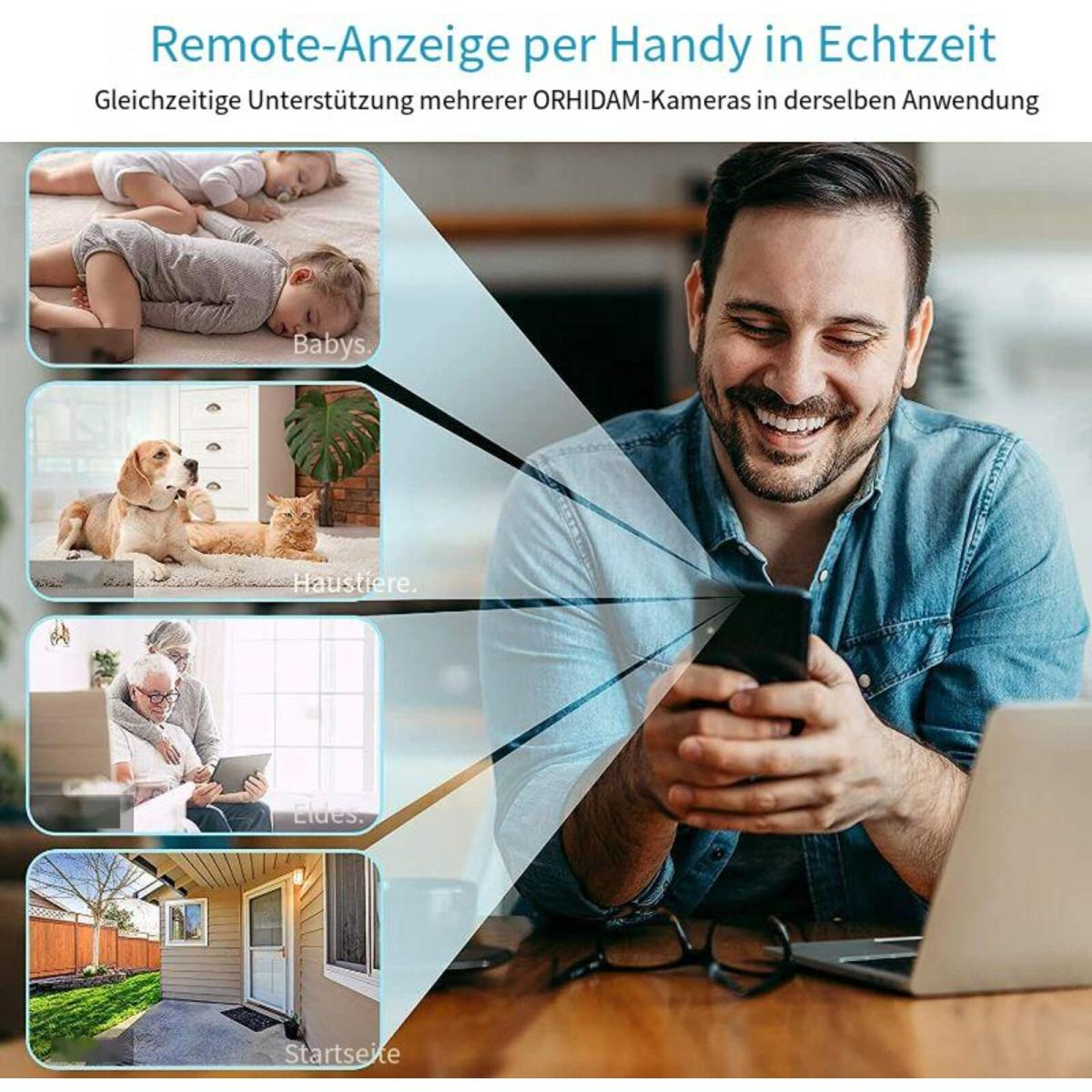 Ein Mann lächelt auf ein Telefon. Bilder von Babys, Haustieren, Senioren und einem Haus werden angezeigt.