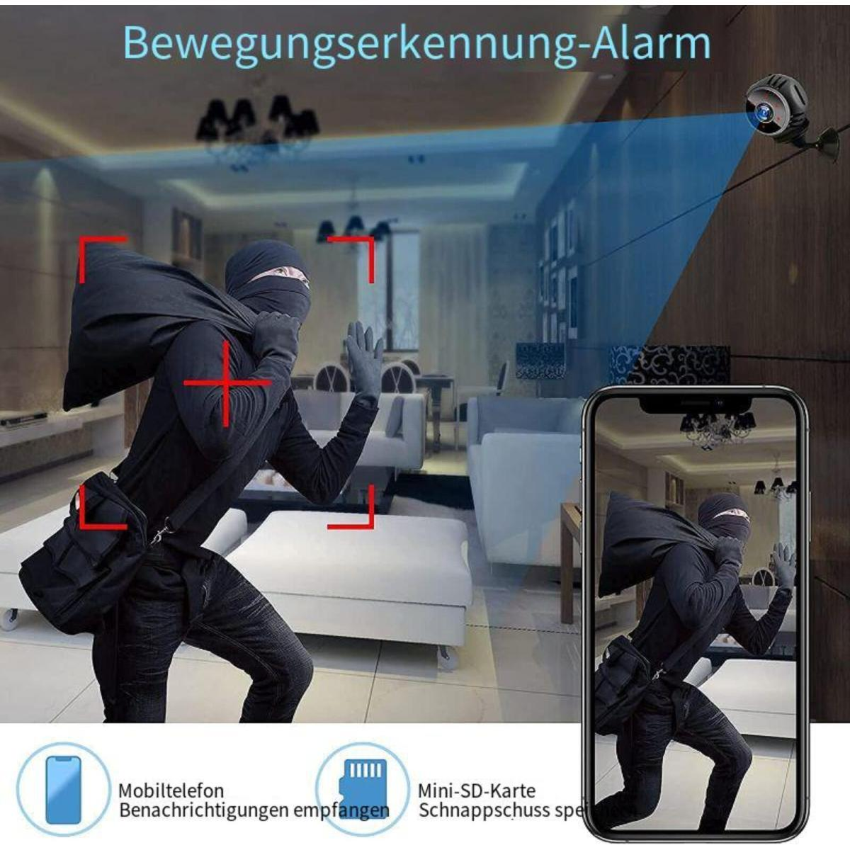 Eine Heimsicherheitskonfiguration zeigt einen Einbrecher, eine Kamera und ein Smartphone mit einem Alarm.
