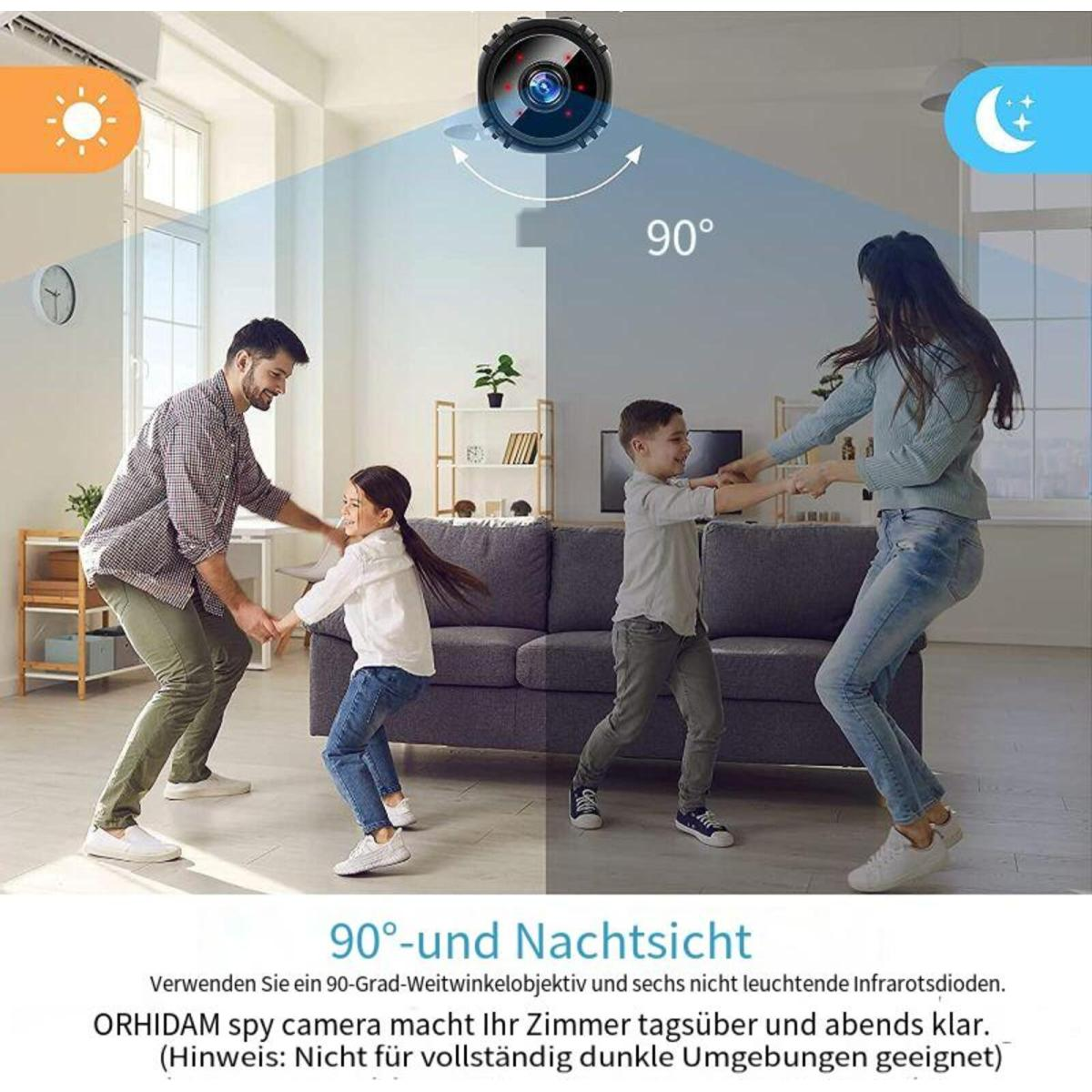 Familie tanzt im Wohnzimmer. Eine Kamera zeigt eine 90-Grad-Ansicht und Nachtsichtfähigkeiten.