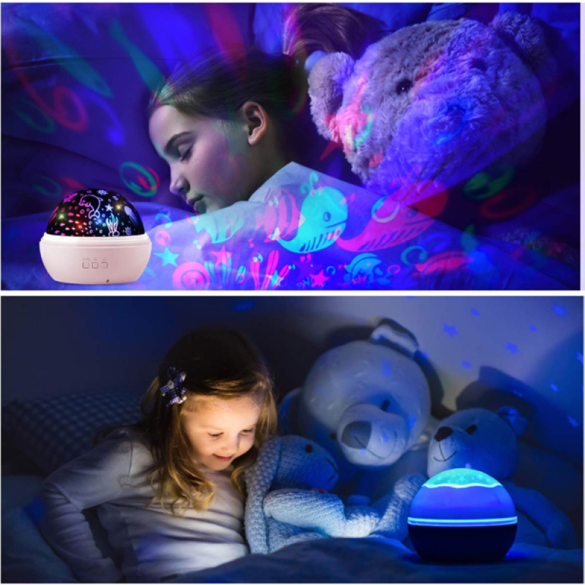 Ein Mädchen im Bett mit einem Nachtlicht, das Formen projiziert. Ein Teddybär liegt auf dem Bett.