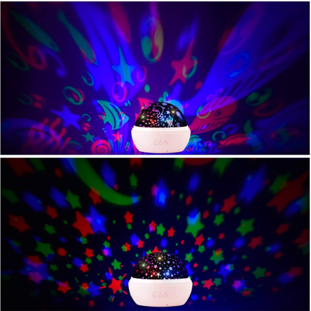 Eine Sternenprojektorlampe mit verschiedenen farbigen Sternenmustern an der Decke.