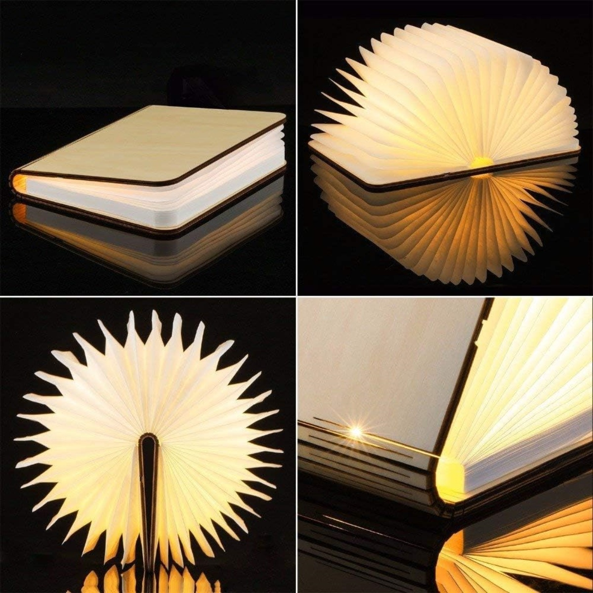 Mehrere Ansichten eines buchförmigen Lichts, die verschiedene offene Positionen zeigen.