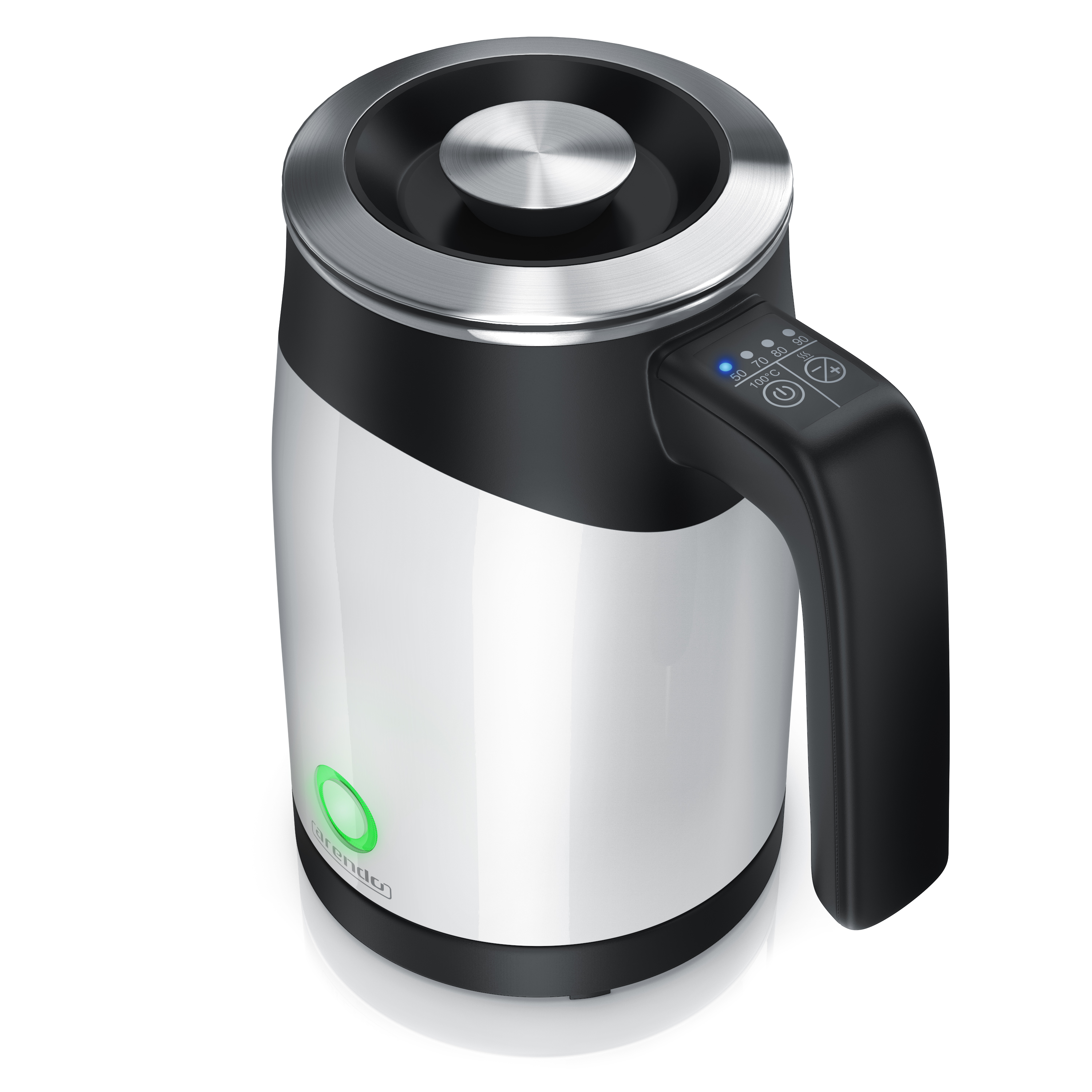 Weißer und schwarzer Wasserkocher mit Digitalanzeige und schwarzem Griff.