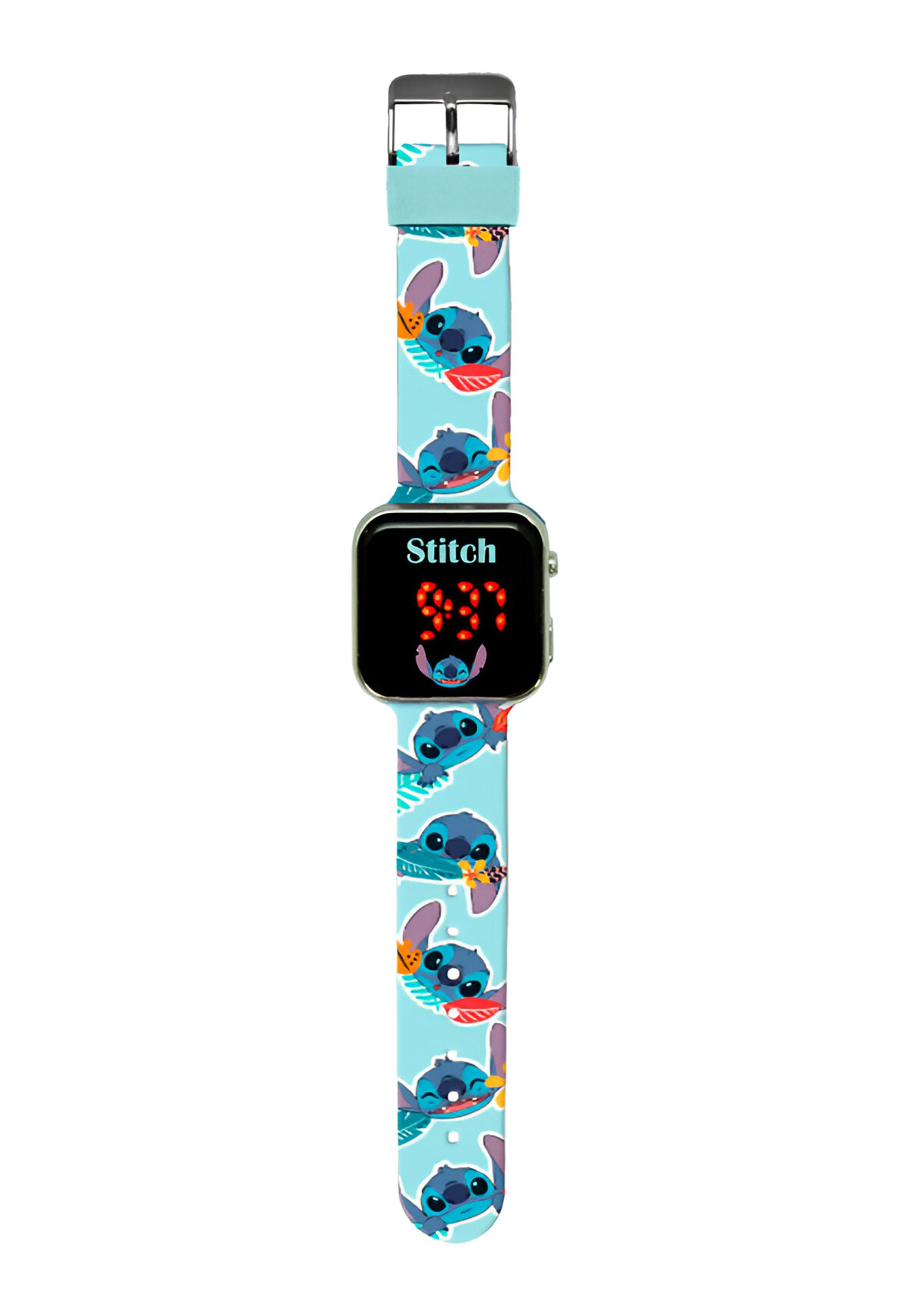Eine Disney Stitch Smartwatch mit blauem Band mit Stitch-Designs.