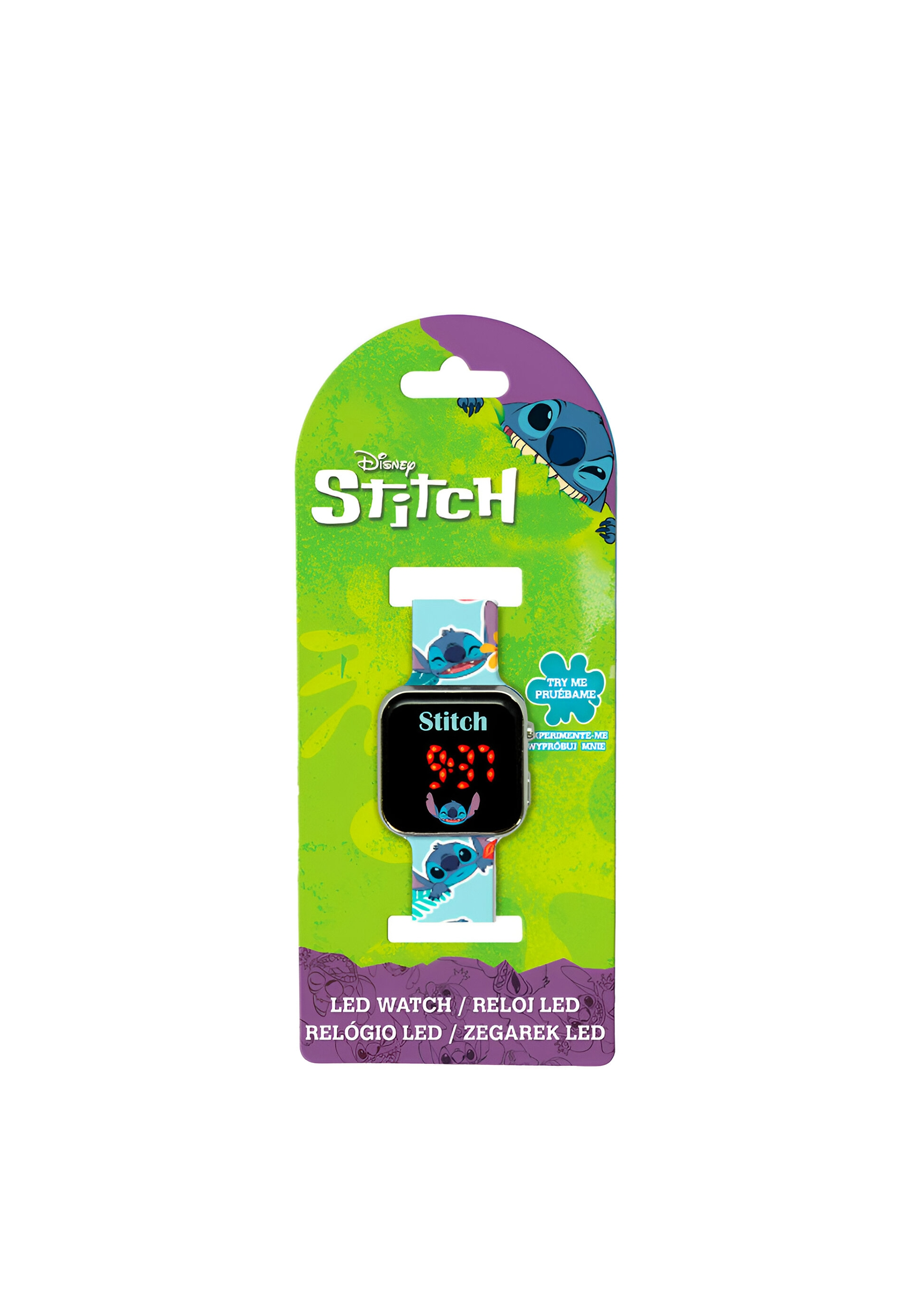 Stitch LED-Uhr auf einer Displaykarte. Die Uhr zeigt Stitch aus Lilo & Stitch.