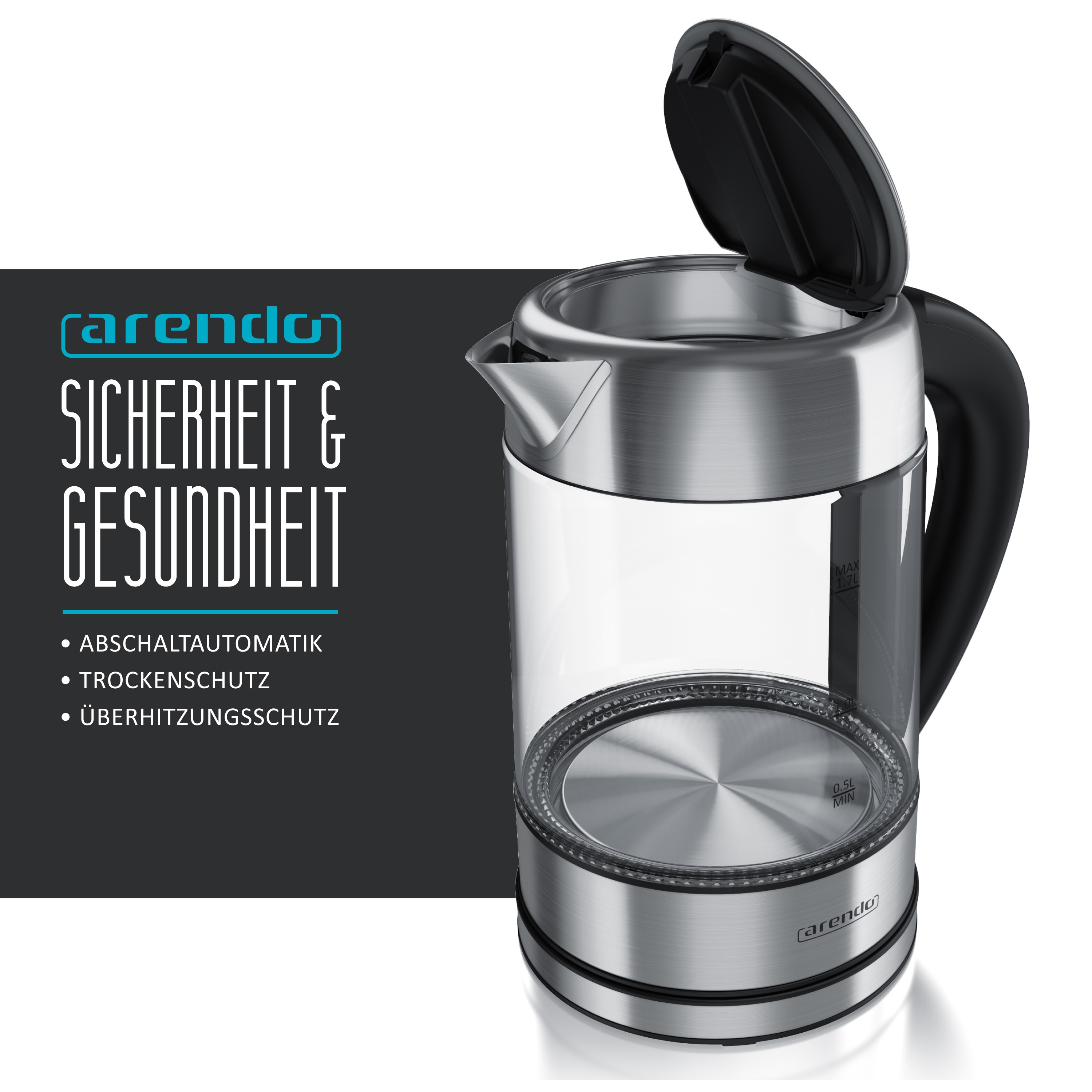Ein elektrischer Glaskessel mit silbernem Sockel und schwarzem Griff. Text: Sicherheit & Gesundheit.