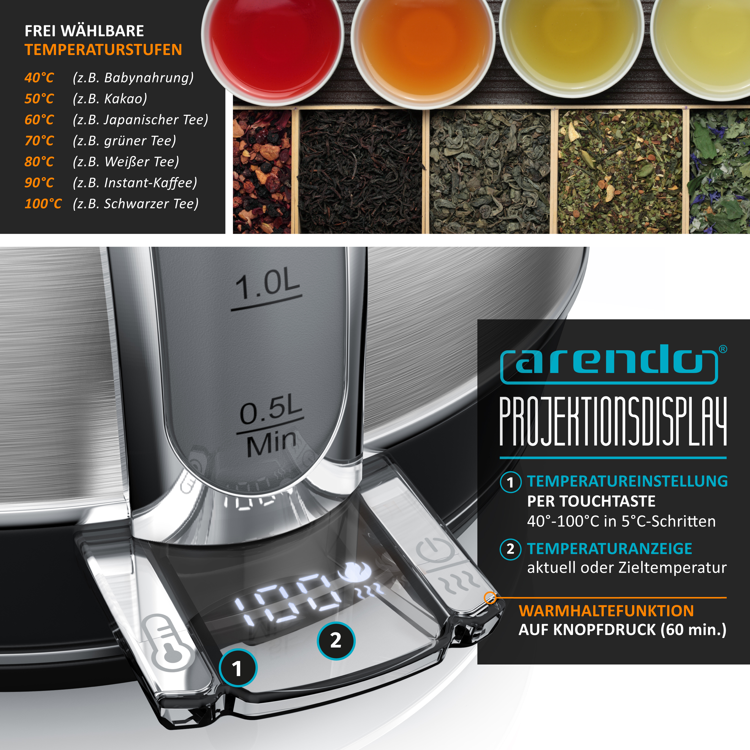 Wasserkocher mit Touch-Display, das die Temperatur anzeigt. Verschiedene Tees in Tassen und Schachteln.