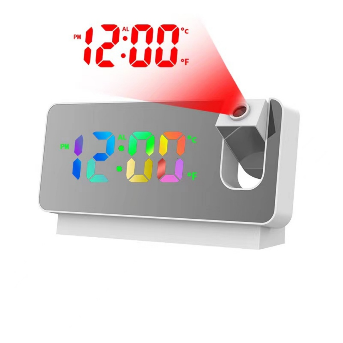 Ein digitaler Wecker mit roter Zeitanzeige und mehrfarbigem Display.