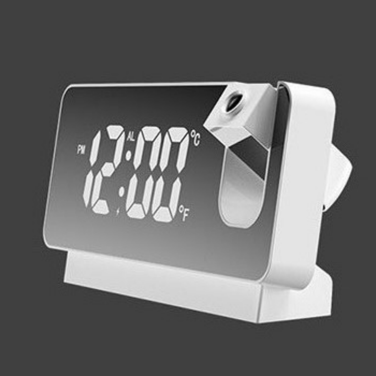 Ein weißer digitaler Wecker zeigt Zeit und Temperatur an. Er hat einen Projektor.