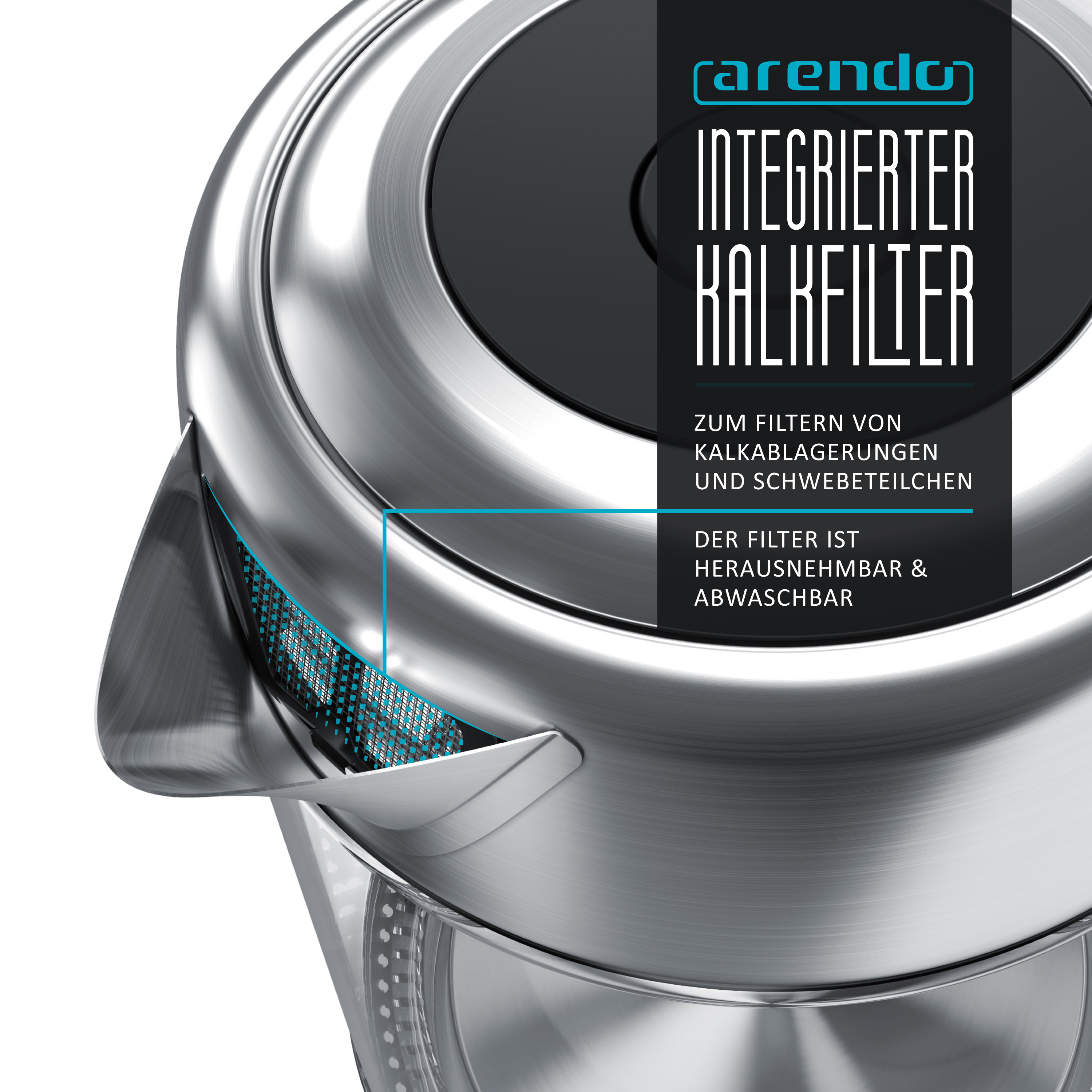 Nahaufnahme eines elektrischen Wasserkochers aus Edelstahl mit Text. Text: Integrierter Kalkfilter.