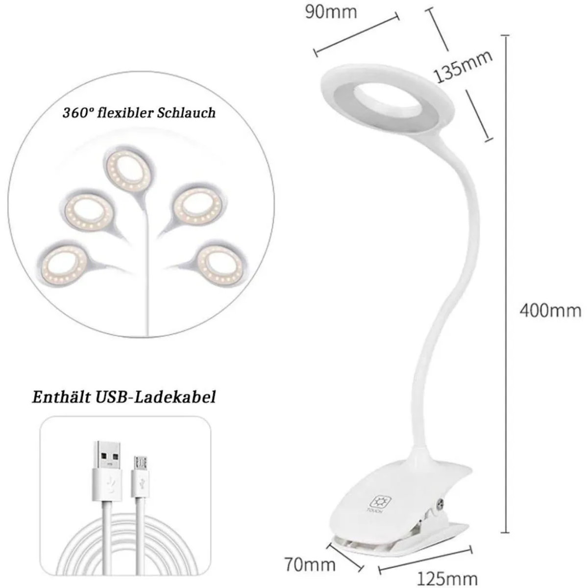 Weiße Schreibtischlampe mit Abmessungen und einem USB-Ladekabel.