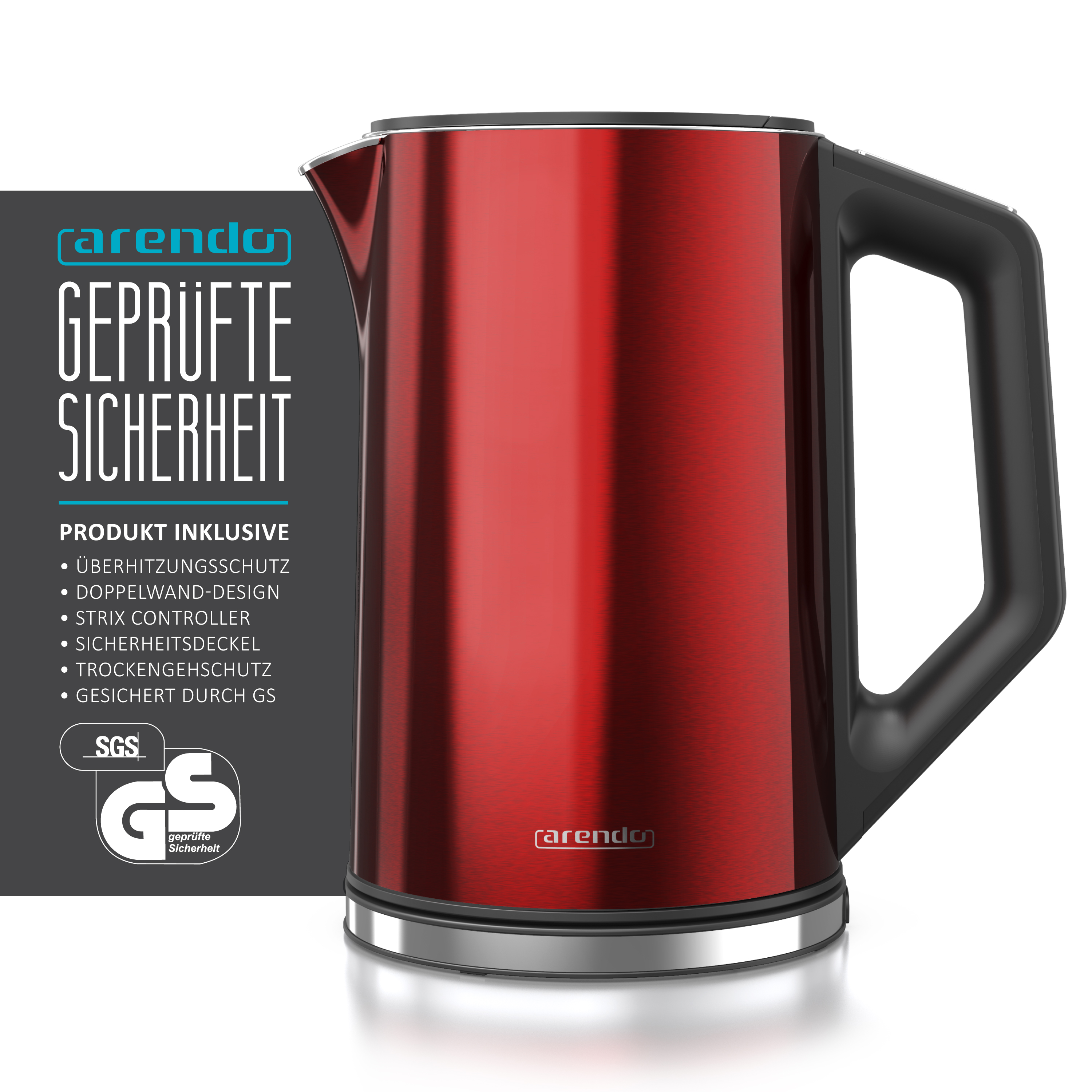 Roter Wasserkocher mit schwarzem Griff, Text zeigt Sicherheitsmerkmale.
