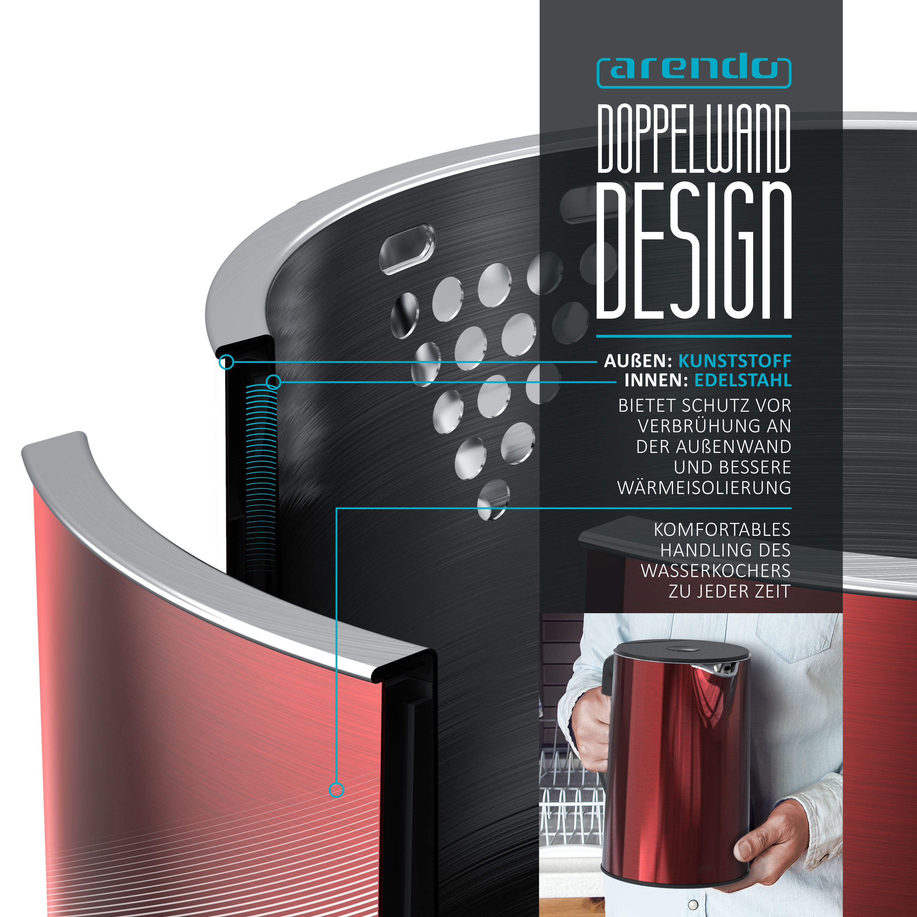 Querschnitt eines roten Wasserkochers mit schwarzer Innenwand, Text und Design.