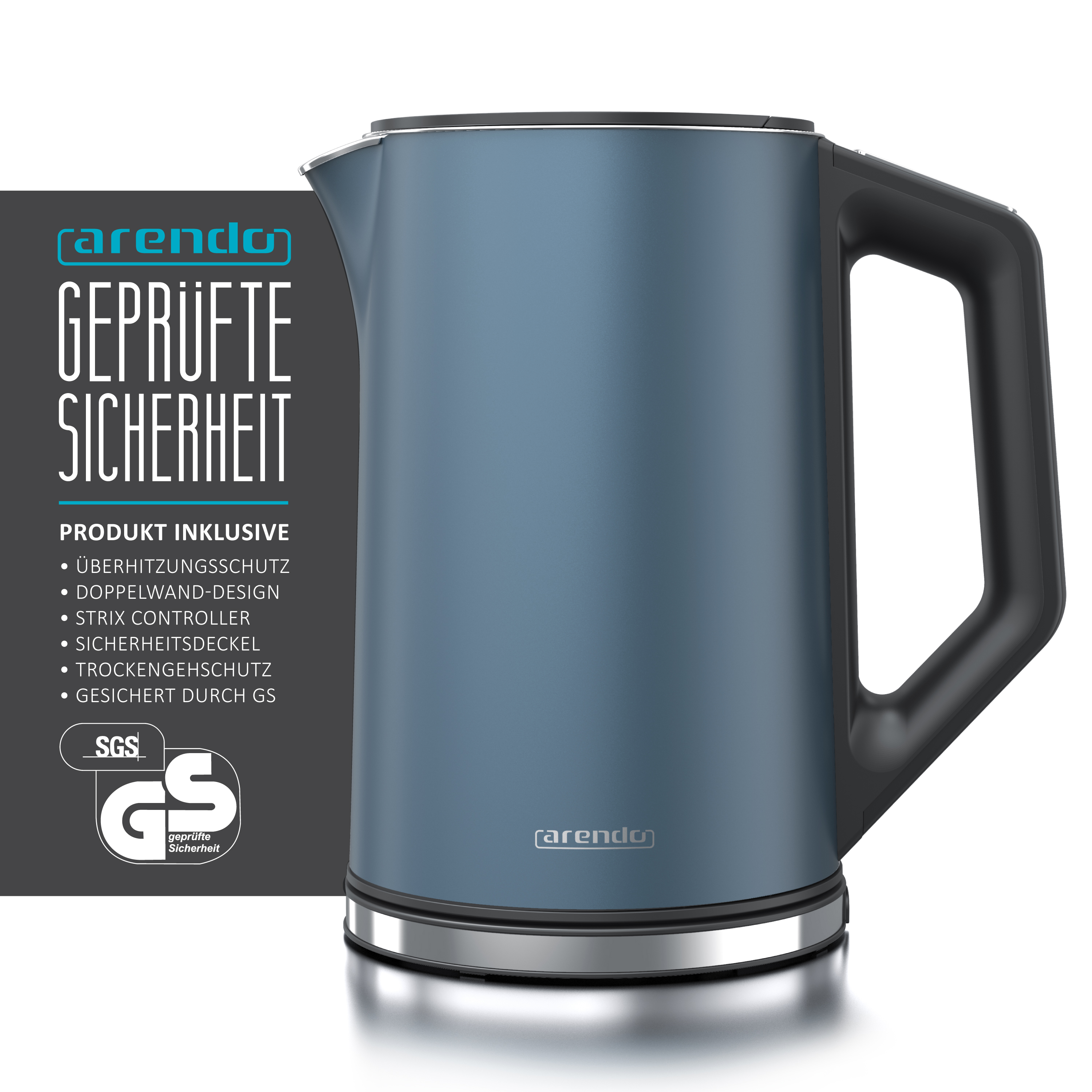 Ein blauer Wasserkocher mit schwarzem Griff und dem Wort 'arendo' auf der Seite.