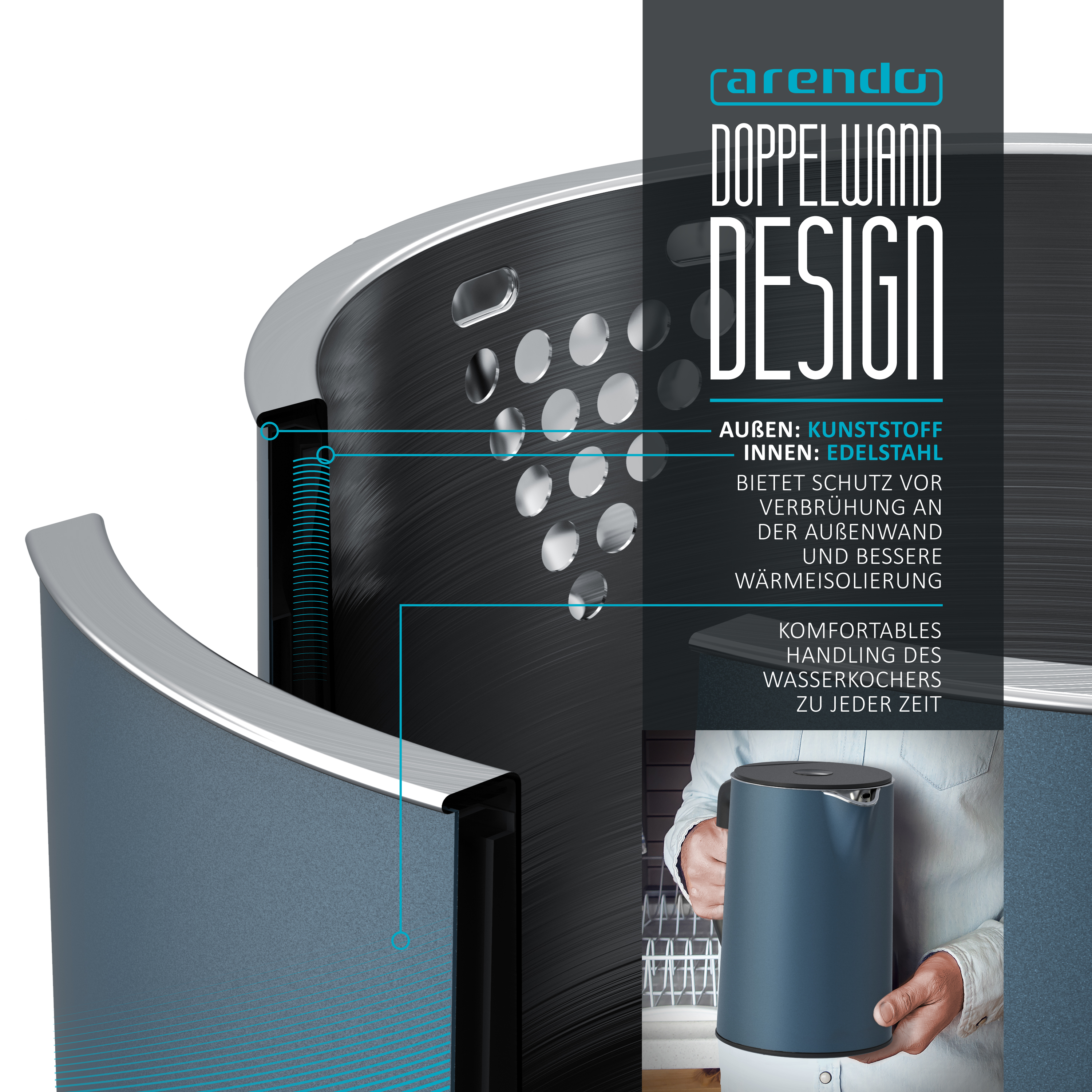 Nahaufnahme eines Edelstahl-Doppelwand-Design-Wasserkochers mit Text zum Design und den Materialien.