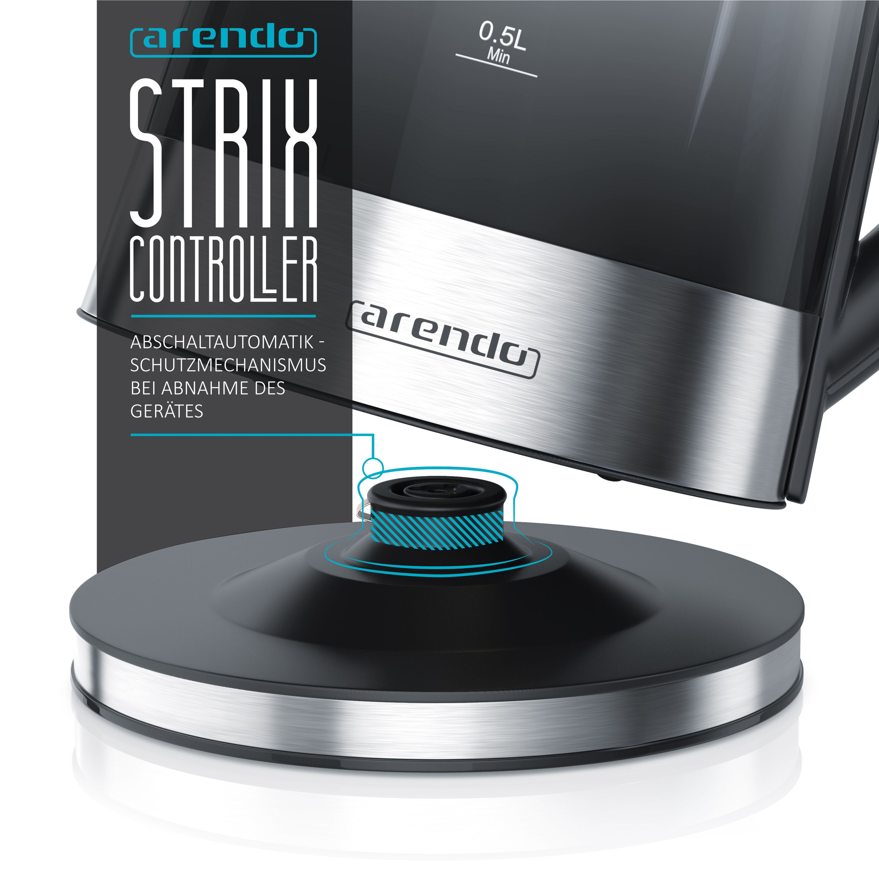 Nahaufnahme eines schwarzen elektrischen Wasserkocherbodens mit Text. Text: Strix-Controller.