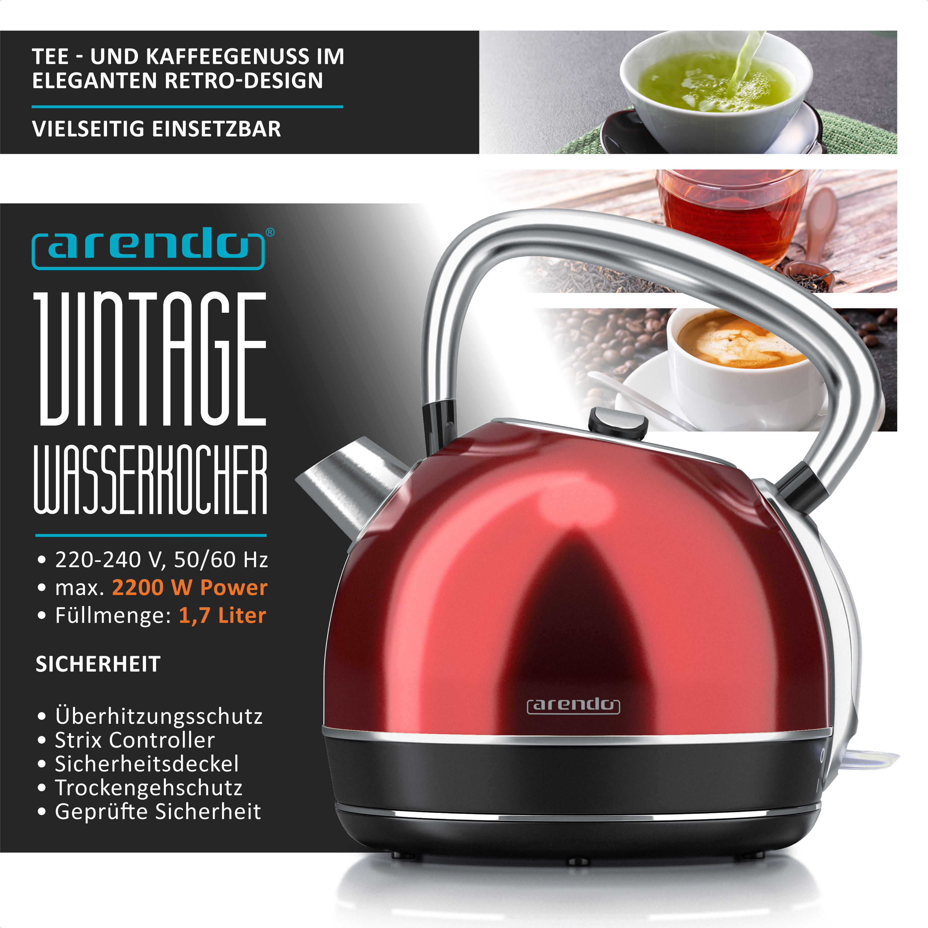 Roter und schwarzer Wasserkocher im Retro-Design mit Text und Bildern drumherum.