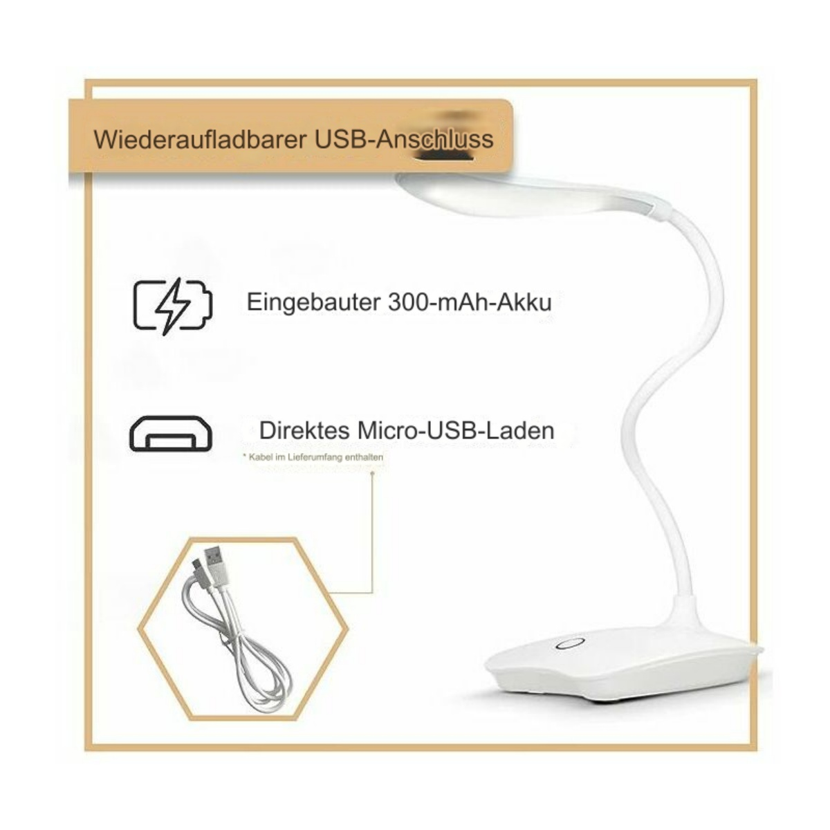 Eine weiße Schreibtischlampe mit weißem Sockel, flexiblem Hals und USB-Ladekabel.