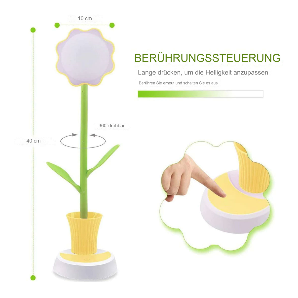 Eine blütenförmige Lampe mit Text, Hand berührt Blütenblatt rechts.
