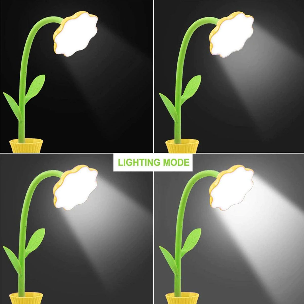 Eine blütenförmige Schreibtischlampe in vier verschiedenen Beleuchtungsmodi.