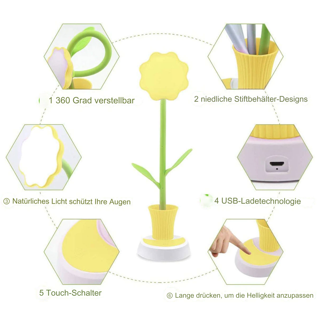 Eine blütenförmige Tischlampe mit verstellbarem Stiel. Zu den Merkmalen gehören natürliches Licht, USB-Aufladung und Touch-Schalter.