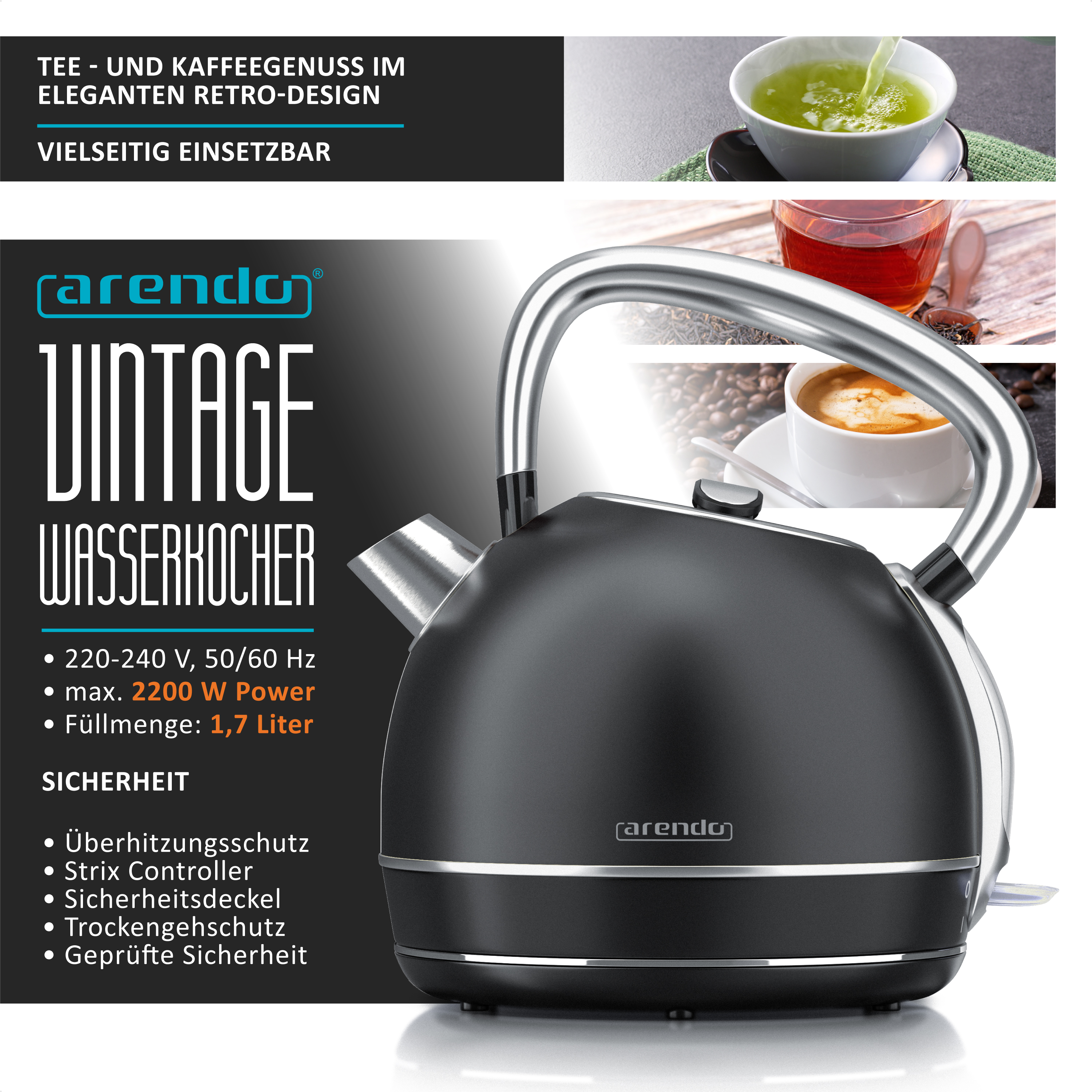 Schwarzer Wasserkocher mit silbernem Griff und Sockel. Text: Tee- und Kaffeegenuss im Retro-Design.