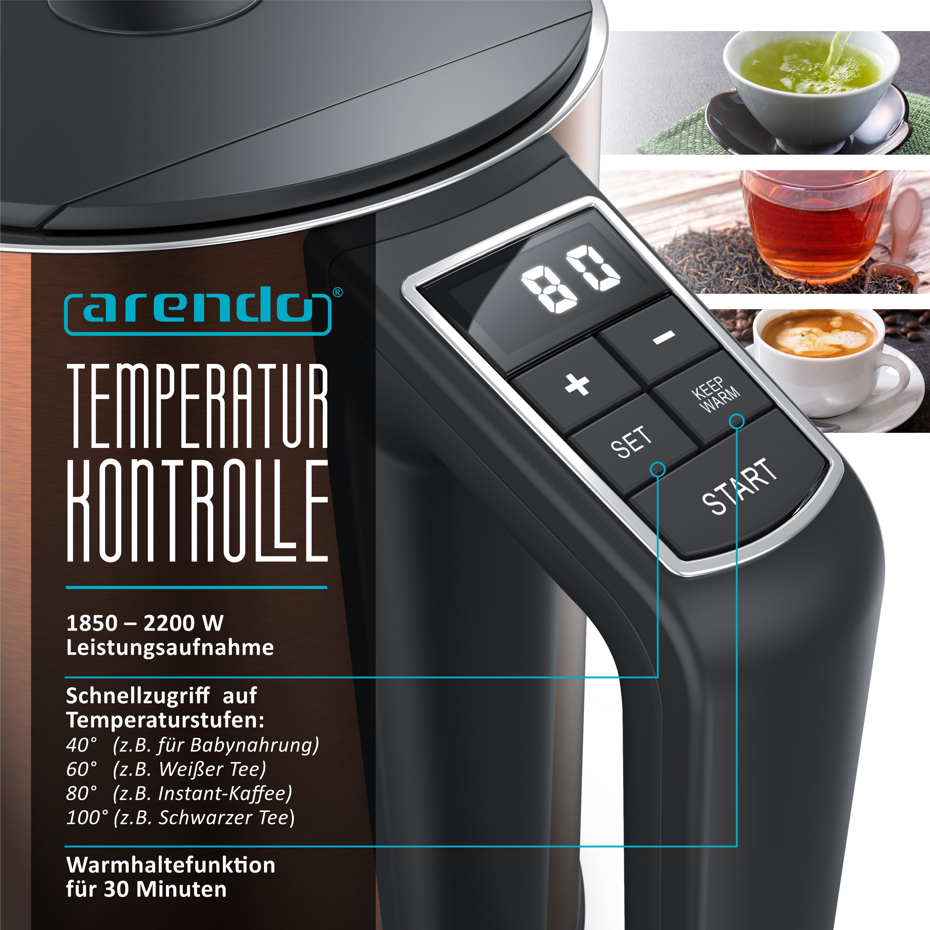 Elektrischer Wasserkocher mit Temperaturregler, Text: Temperaturregelung und Funktionen.