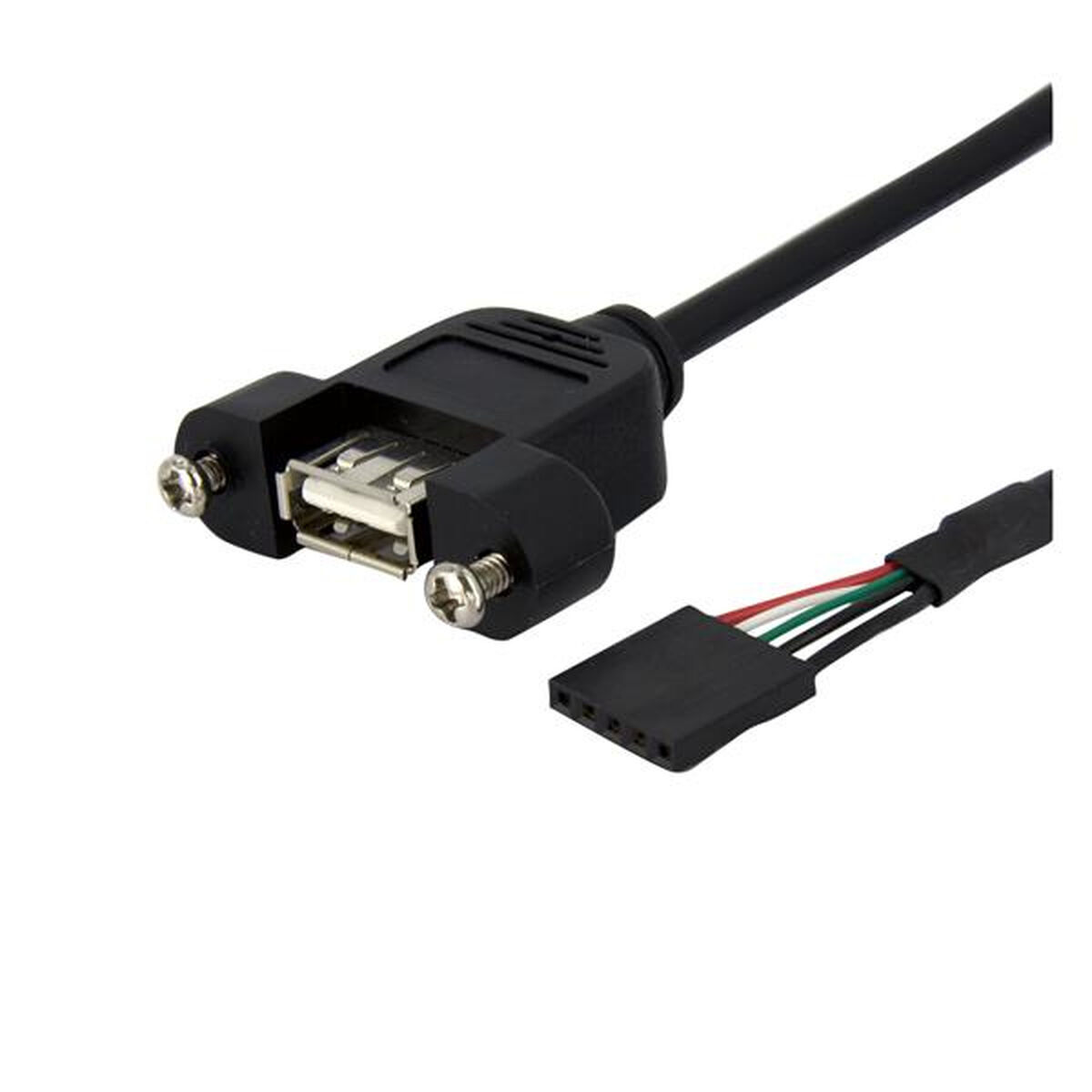 Cavo connettore USB nero. Ha una porta USB e pin separati per la connessione.