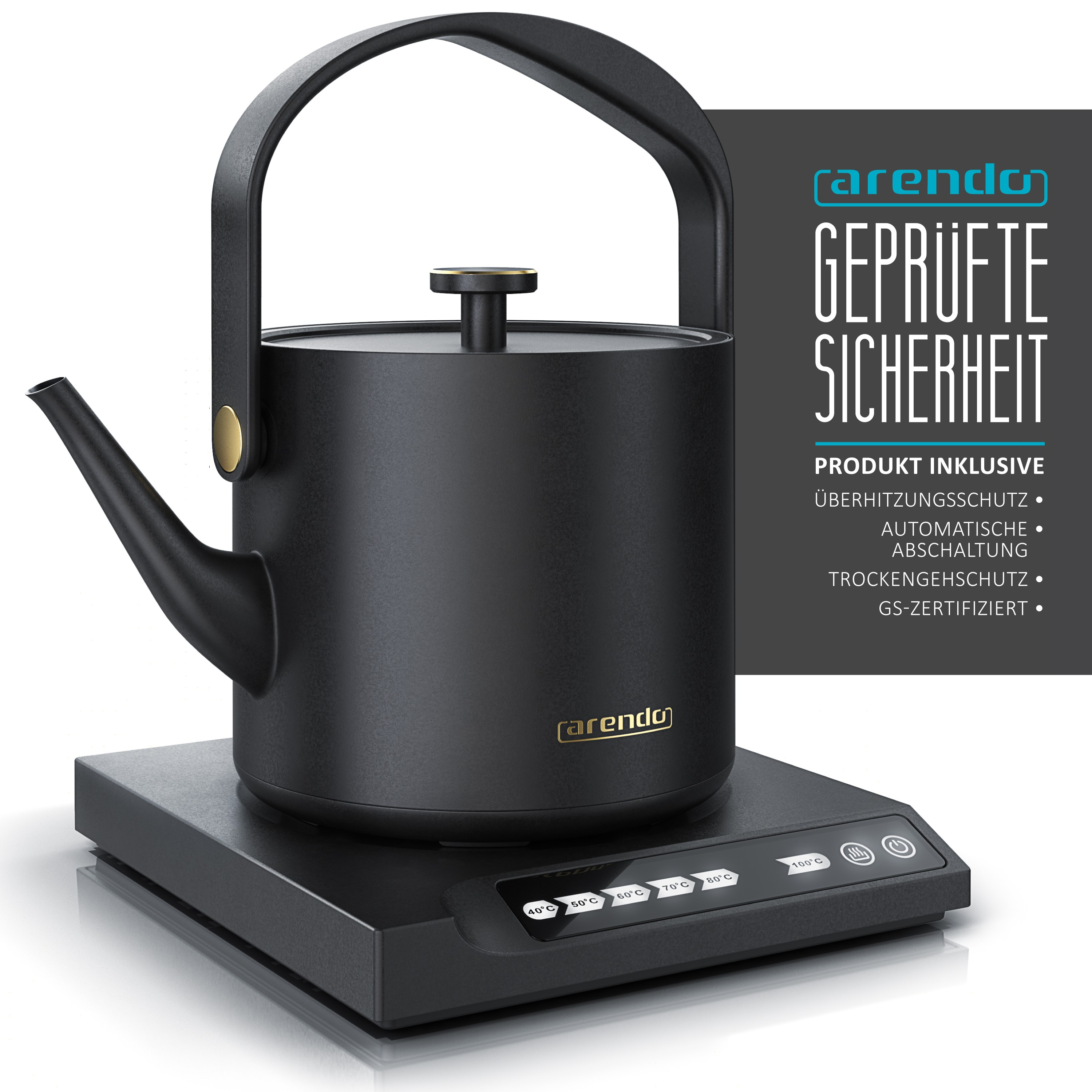 Schwarzer Wasserkocher auf schwarzer Basis. Das Bild ist mit dem Text: Geprüfte Sicherheit und Produktmerkmalen versehen.