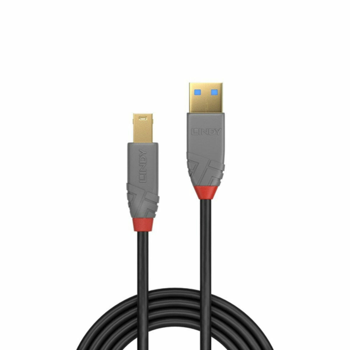Czarny kabel USB z dwoma końcami, jednym USB i jednym mini USB. Białe tło.