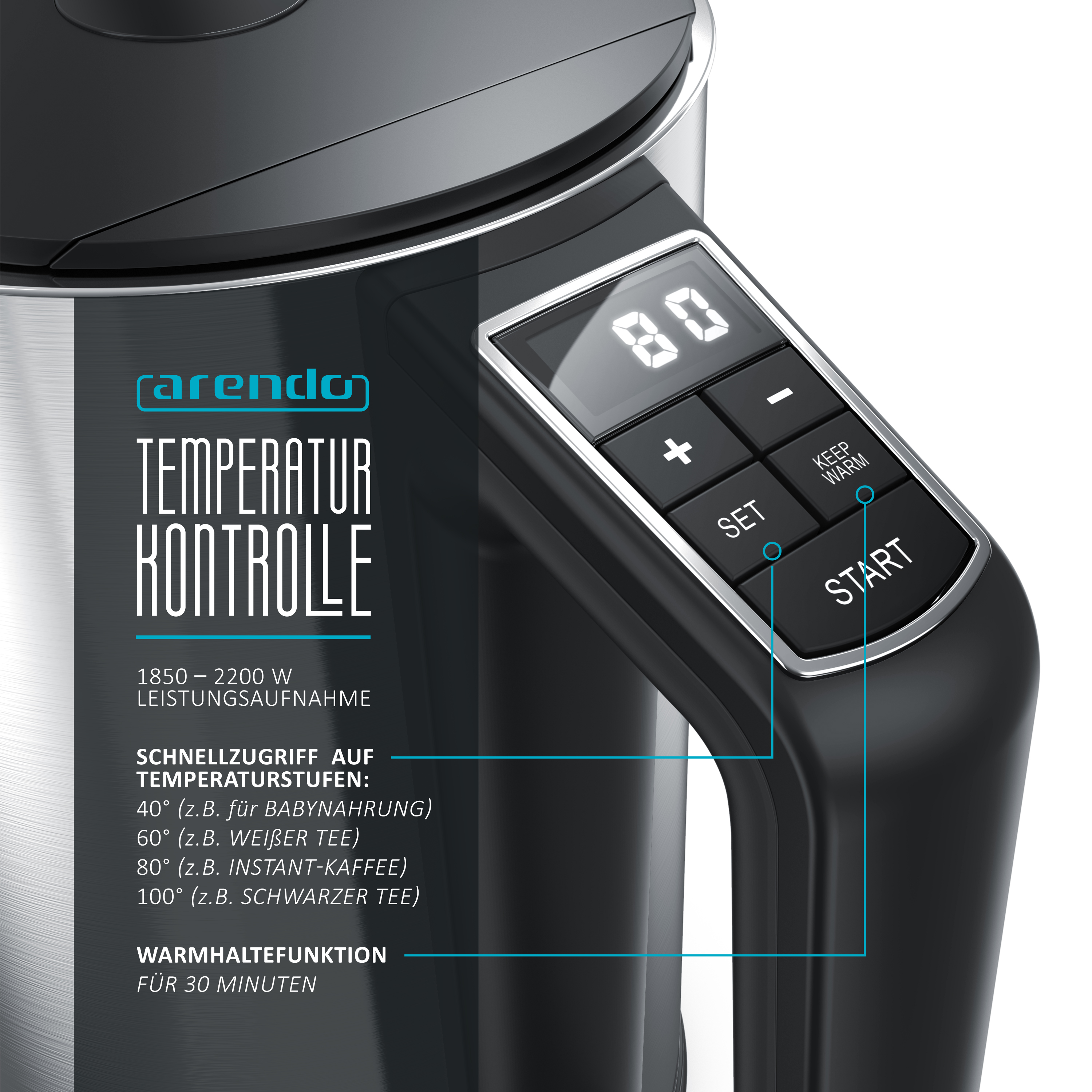 Nahaufnahme des Bedienfelds eines Wasserkochers mit Display, Tasten und Textbeschriftungen.