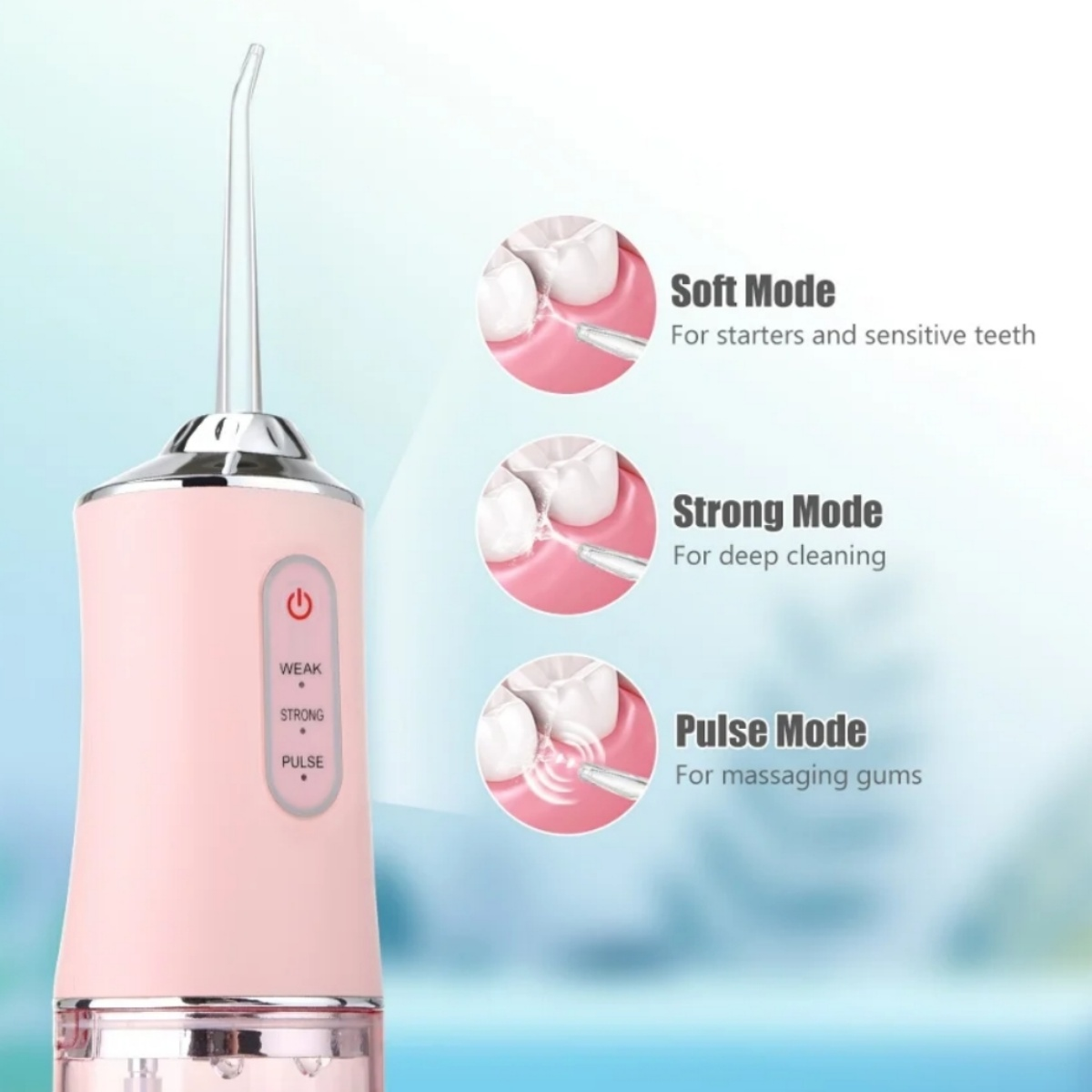 Pinkfarbenes Munddusche mit drei Modi: Soft, Strong und Pulse, mit Zahndiagrammen.