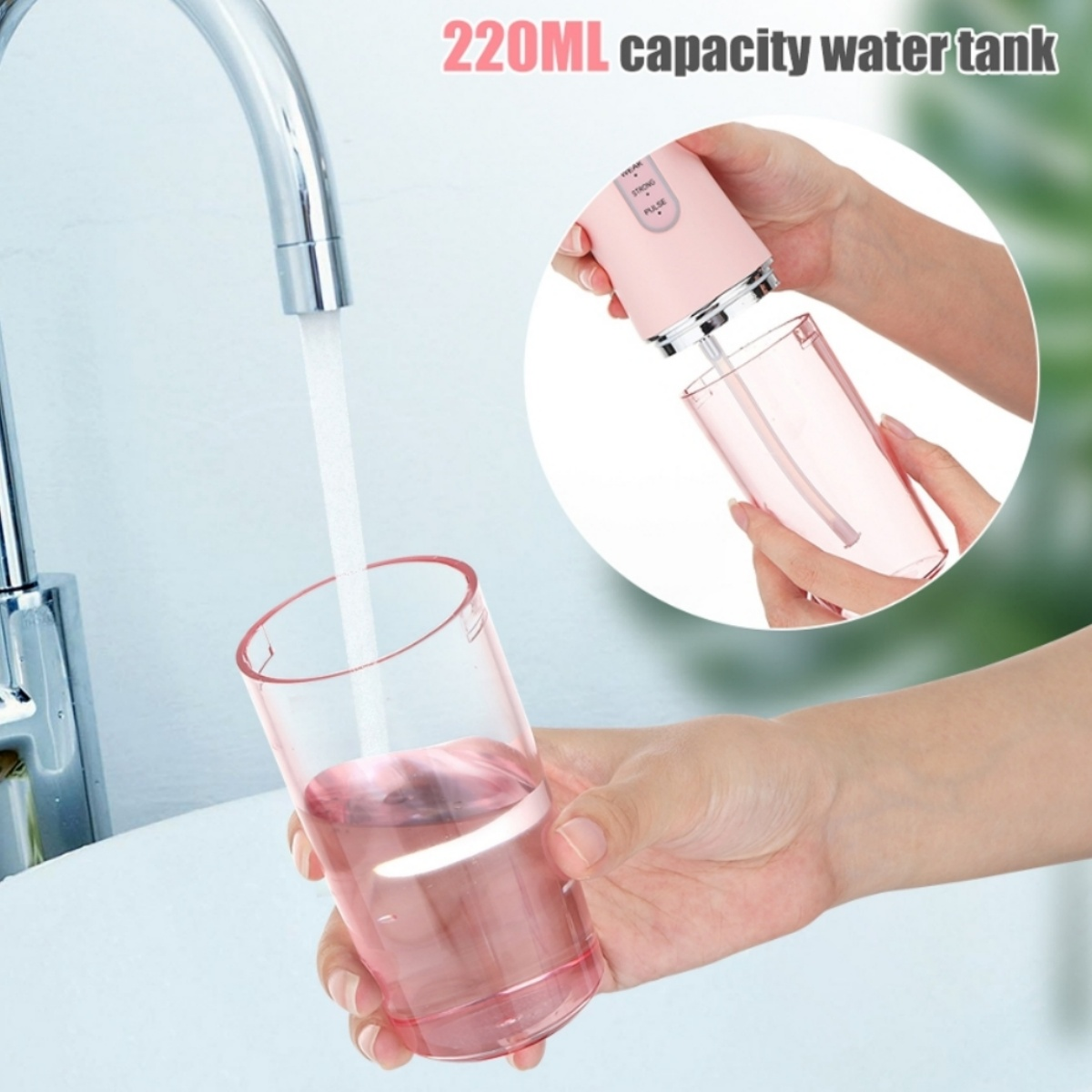 Eine rosa Munddusche wird befüllt, Tank und Glas Wasser im Bild.