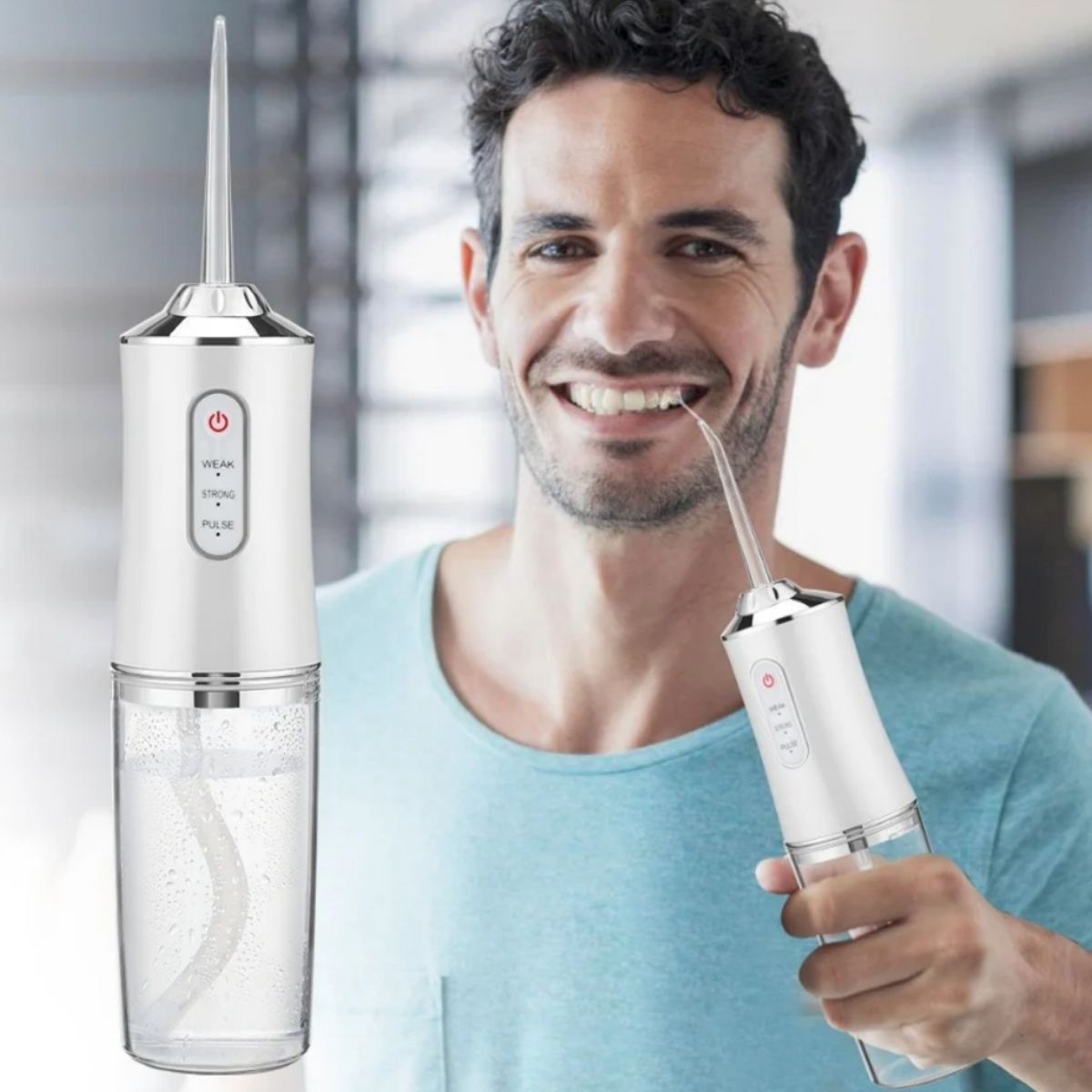 Ein Mann, der einen weißen Wasser-Flosser verwendet. Der Flosser und seine Komponenten sind deutlich sichtbar.