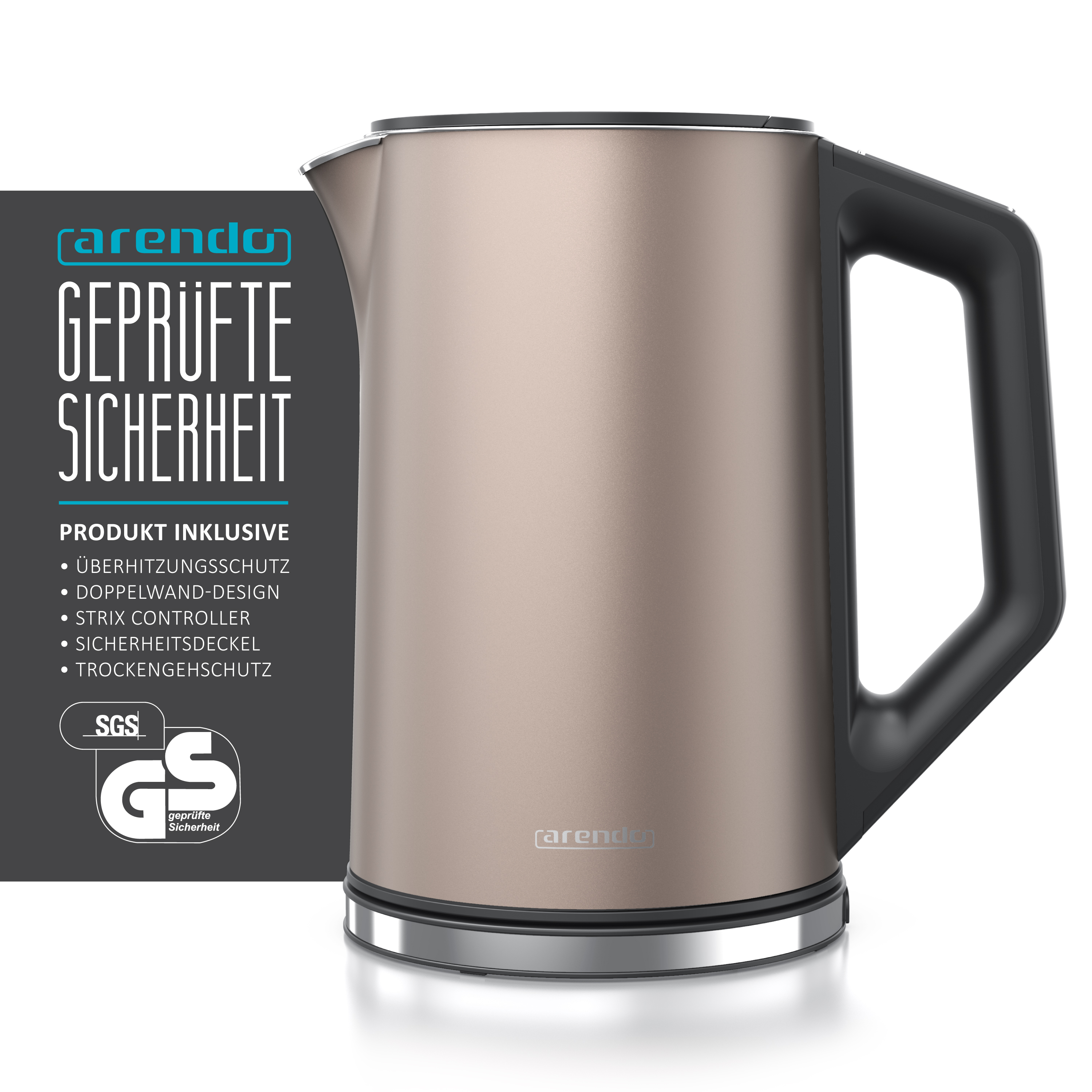 Ein beigefarbener Wasserkocher mit schwarzem Griff, mit Text zu Sicherheit und Produkteigenschaften.