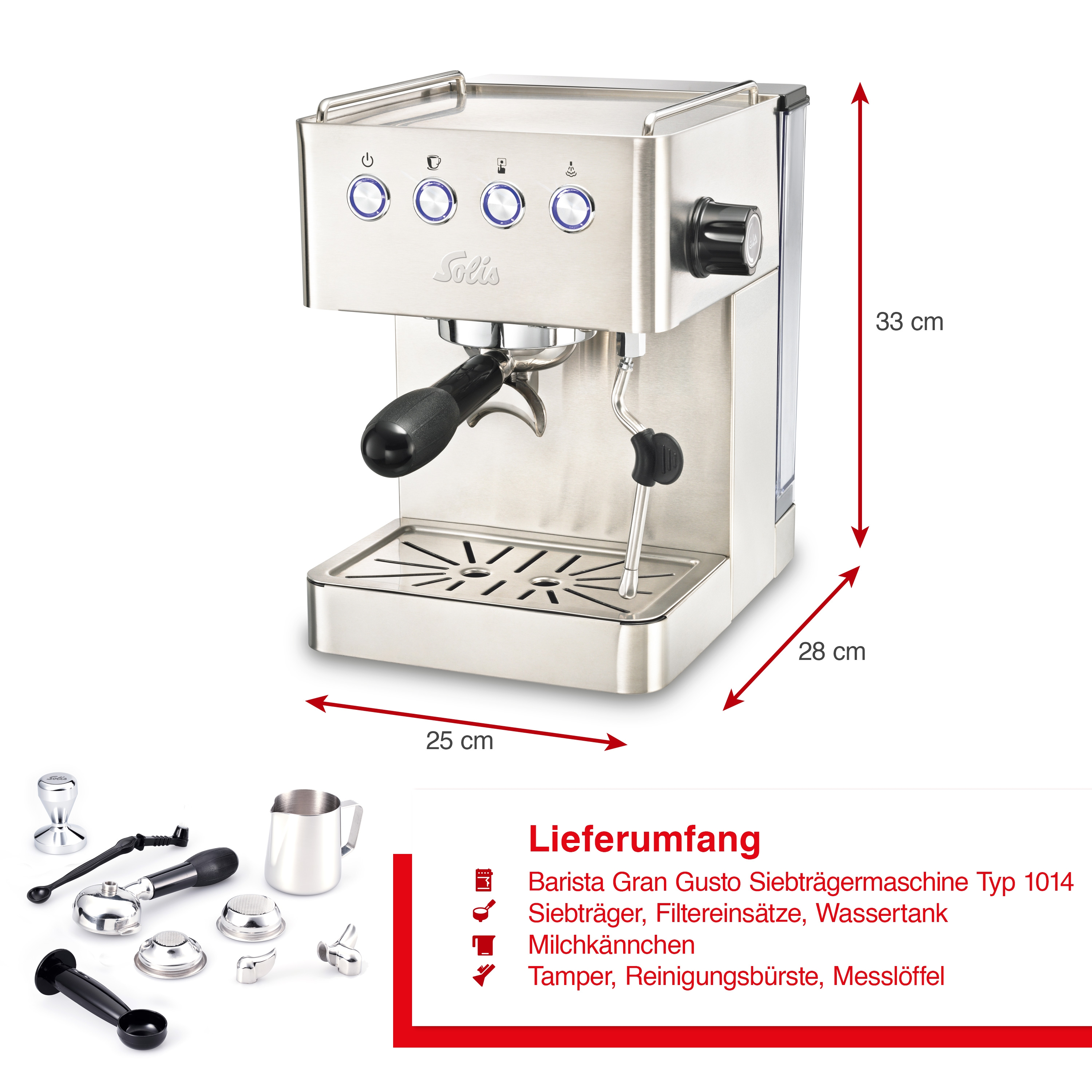 Silberne Espressomaschine mit Zubehör, Maße 25x28x33 cm. Text und Abmessungen.